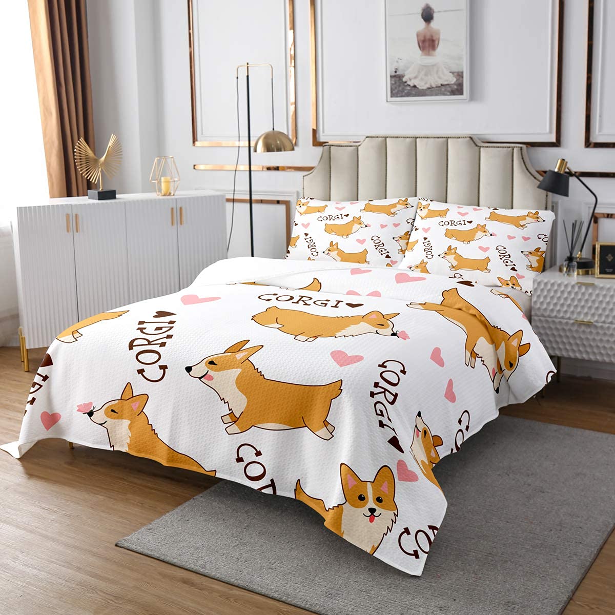 Erosebridal Corgi Dog Bedspread Set - Queen Size Cute Puppy Cartoon Bedding with 2 Pillowcases, Happy Farm Animal Love Pattern Quilted Coverlet in White - Perfect for Pet Lovers' Bedroom Decor and Cozy Farmhouse Style Homes