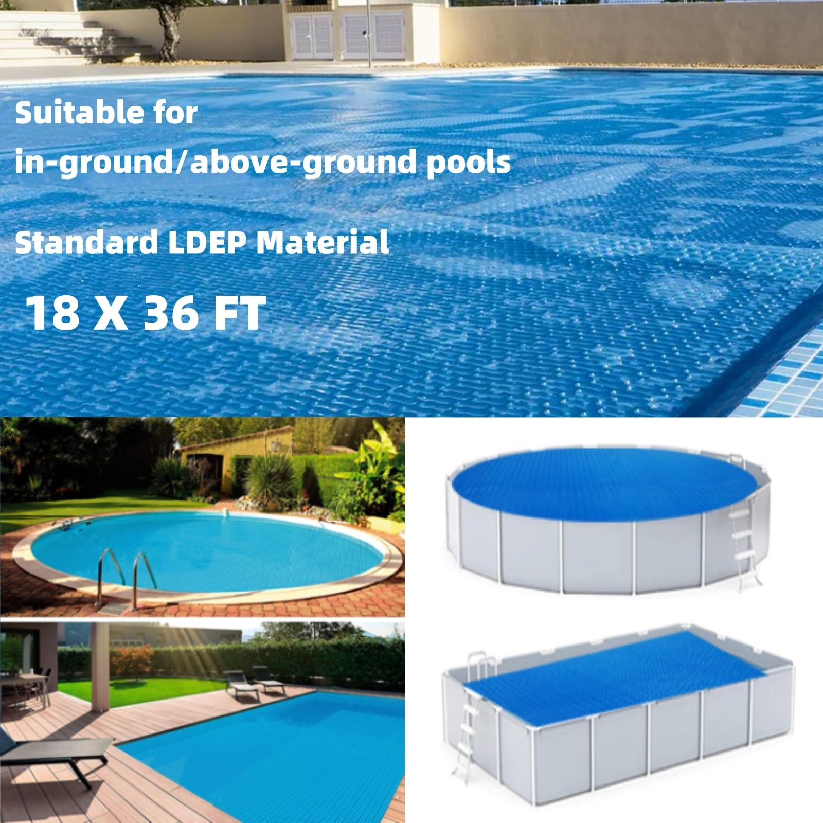 GARVEE 18ft x 36ft Rectangle Solar Pool Cover - 300μm Thick Heat Retaining Blanket for In-Ground & Above Ground Swimming Pools - UV Resistant, Durable Winter Cover - Perfect for Backyard, Family Swim & Energy Savings