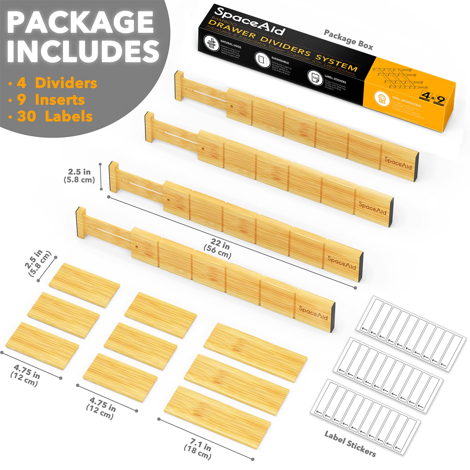 SpaceAid Bamboo Drawer Organizers with Dividers and Labels - 4 Pack Drawer Organizer Set with 9 Adjustable Inserts (Fits 17-22 Inch Drawers) - Perfect for Kitchen Utensils, Office Supplies, and Bag Storage Organization