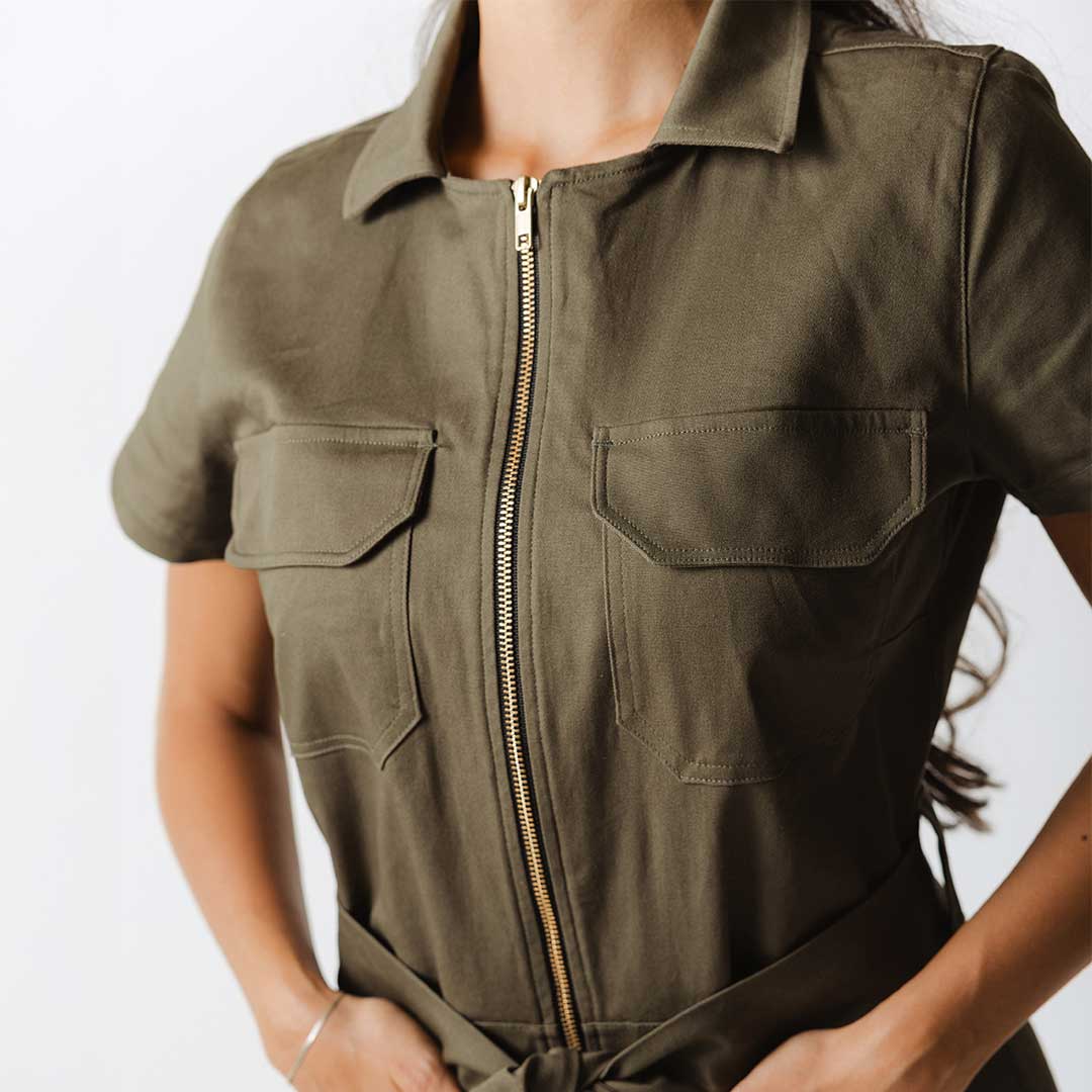 Women's Olive Green Canvas Jumpsuit - Casual One Piece Romper for Summer Outings, Beach Vacations & Outdoor Adventures