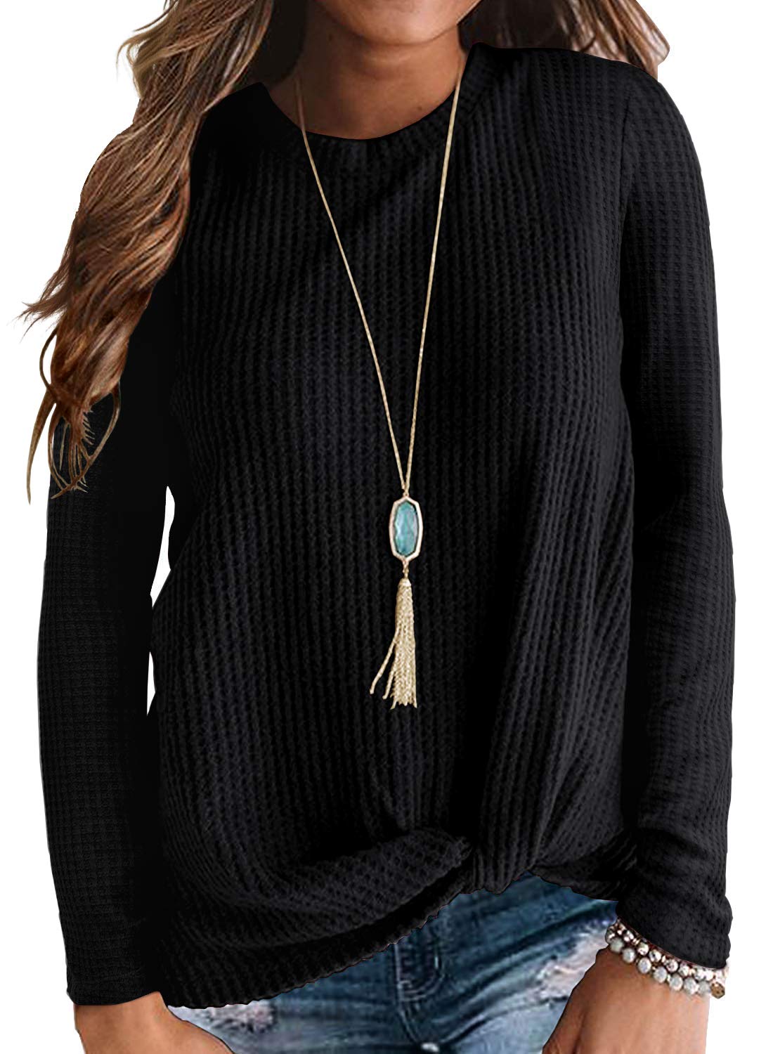 Women's Casual Long Sleeve Twist Knot Waffle Knit Shirt - Loose Blouse for Everyday Wear | Perfect for Work, Date Night & Weekend Outfits