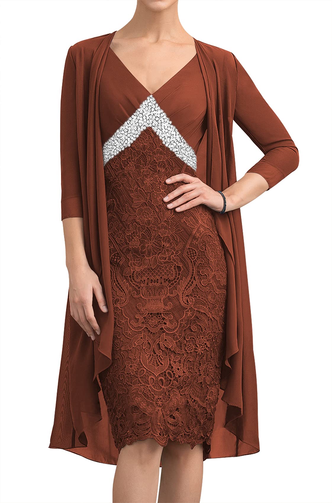 Elegant Lace Mother of the Bride Dress with Jacket - Chiffon Formal Evening Gown with V-Neck & Beaded Details | Perfect for Weddings, Galas & Special Occasions