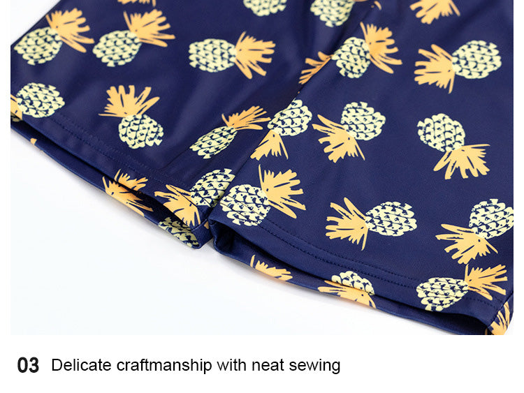Boys' Striped Pineapple Print Swim Set - White & Navy Blue Long Sleeve Rash Guard + Swim Shorts with Free Cap | UV Protection Beachwear for Toddler & Kids Swimming, Surfing, Pool Party