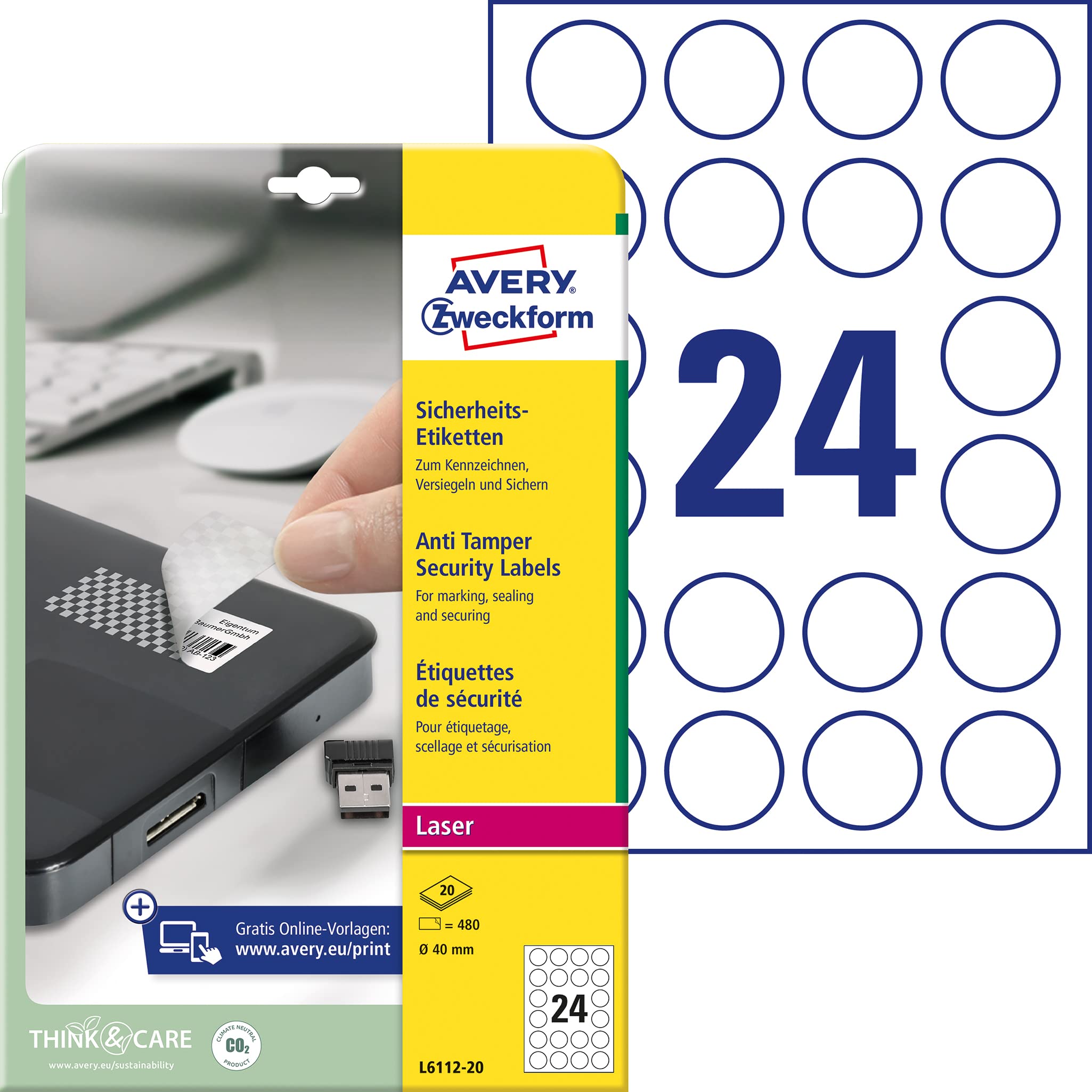 Avery Anti-Tamper Security Labels - 40mm Round Laser Printer Labels - L6112 White for Document Protection & Package Sealing