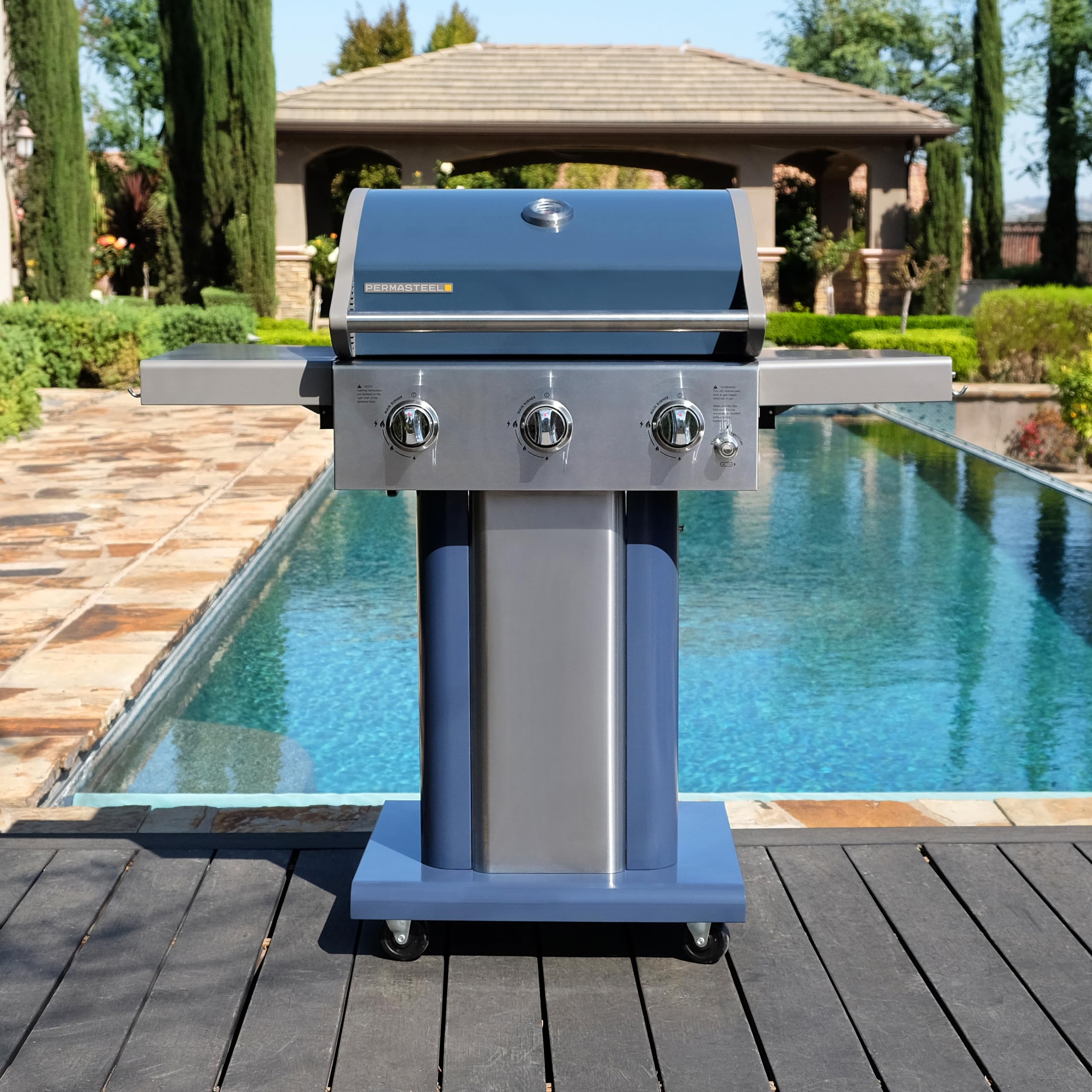 Premium Permasteel 3-Burner Propane Gas Grill - 30,000 BTU Outdoor BBQ Grill with Cast Iron Grates, Foldable Side Tables & Tool Hooks - Perfect for Backyard, Patio, and Camping - Azure Blue