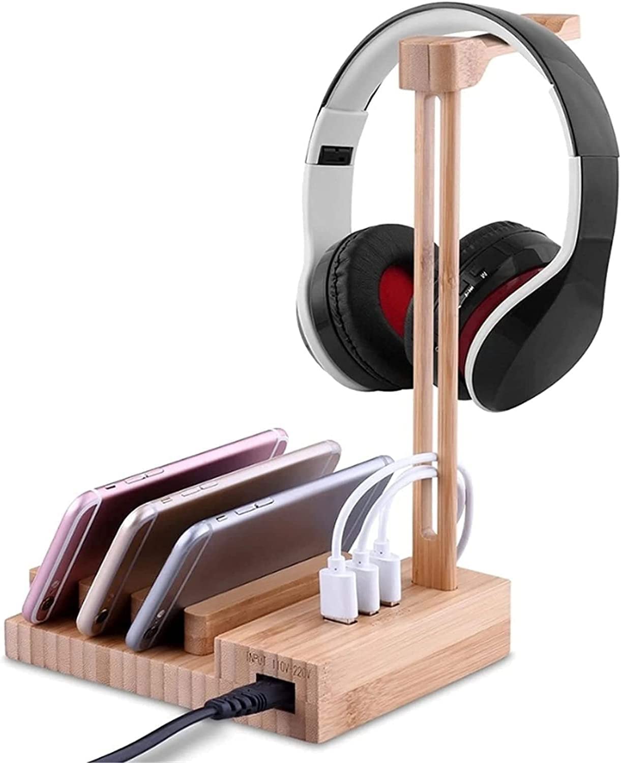 BOGAZY Wooden Headphone Stand with 3 USB Charging Ports - 2-in-1 Desk Organizer for Headset & Phone Holder - Perfect for Home Office, Gaming Setup, and Workspace Organization