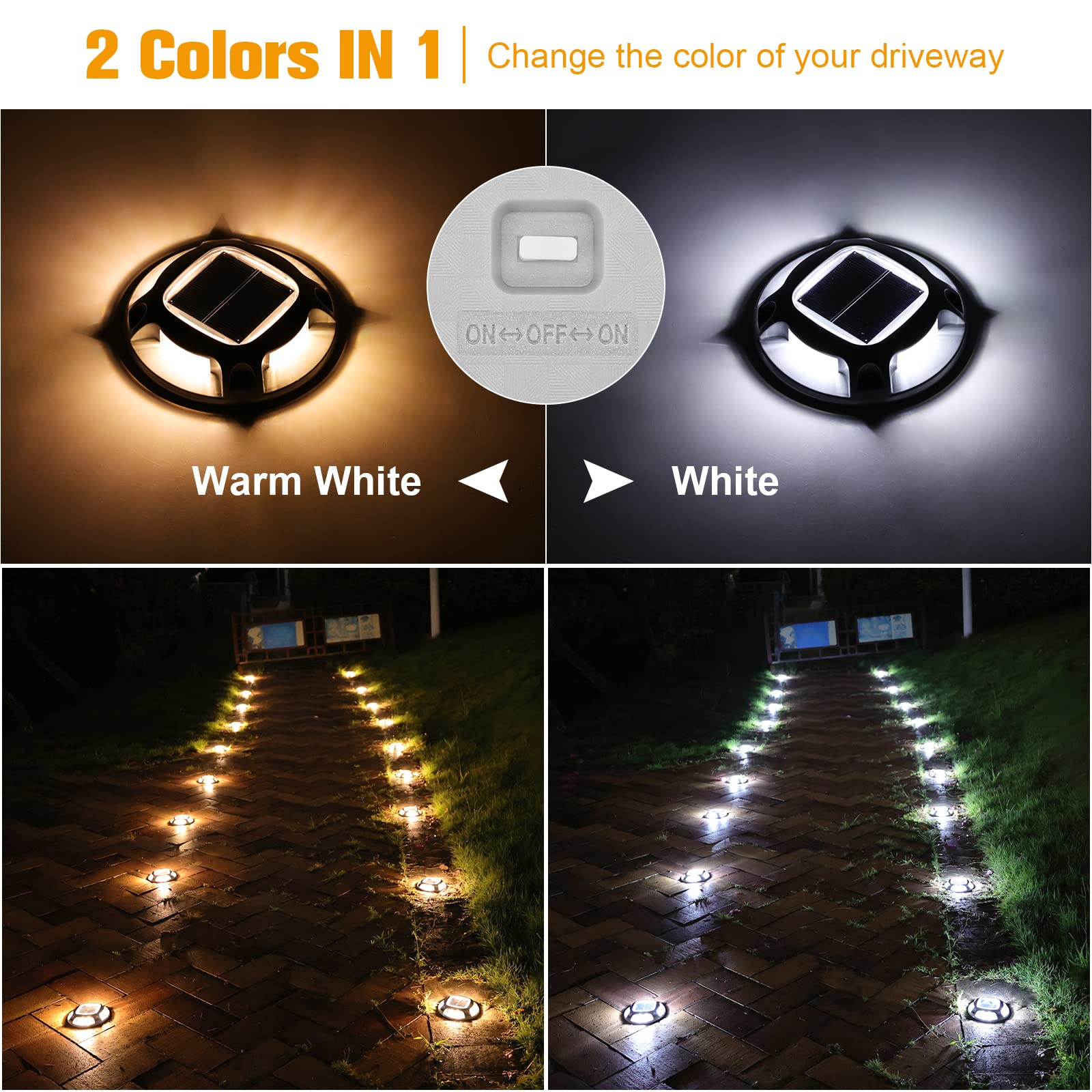 VOLISUN 12 Pack Solar Driveway Lights - 2 Color LED Deck Lights (White/Warm White) | Waterproof Outdoor Solar Step Lights for Driveway, Sidewalk, Pathway, Dock & Marine Use | Perfect for Night Safety & Landscape Lighting