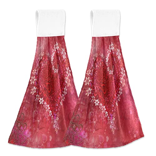 Vintage Heart Hanging Kitchen Towels 2 Pack - Soft Coral Velvet Microfiber Hand Towels with Loops for Oven, Bathroom & Kitchen Decor - Absorbent Washcloths for Mother's Day Gift & Home Use