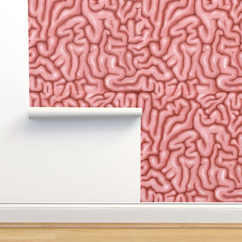 Removable Wallpaper 12ft x 2ft - Pink Brains Science Anatomy Zombie Halloween Spooky Design | Pre-Pasted Peel & Stick Wallpaper by Spoonflower | Perfect for Bedroom, Nursery, Office & Halloween Party Decor