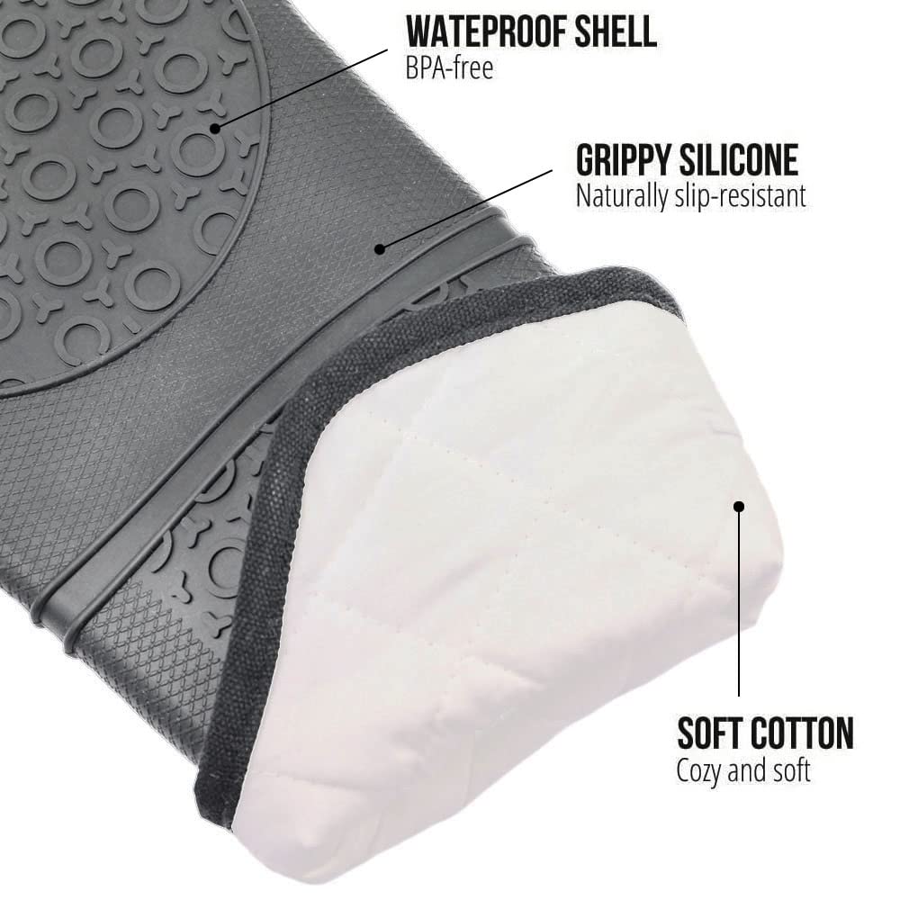 Extra Long Heat Resistant Silicone Oven Mitts Set - Heavy Duty Cooking Gloves & Hot Pads for Kitchen, Baking, Grilling - 14.7 Inch Grey (4-Piece) - Perfect for BBQ, Baking Cookies & Handling Hot Pots Safely