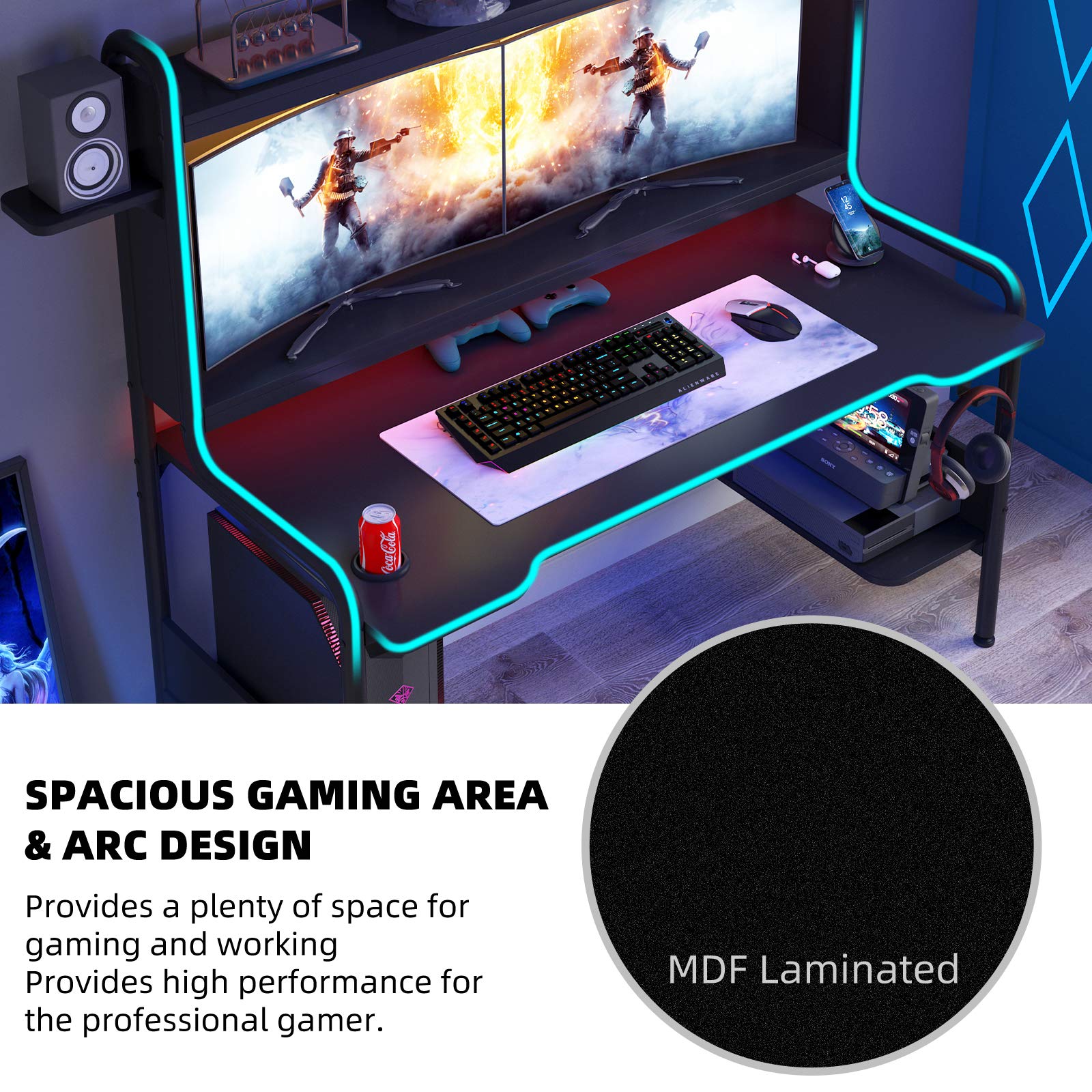 TIYASE 55 Inch Black Gaming Desk with Monitor Stand - Large PC Gamer Workstation with Hutch, Storage Shelves, Cup Holder & Headphone Hook - Perfect for Esports, Streaming & Home Office Setup