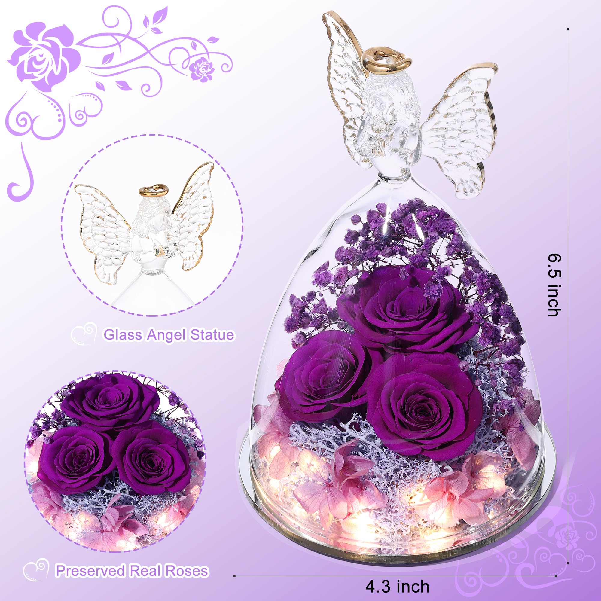 Glass Angel Figurine with 3 Preserved Real Roses - Eternal Keepsake Gift for Women, Mothers Day Present, Home Decor & Spiritual Guardian (Purple)