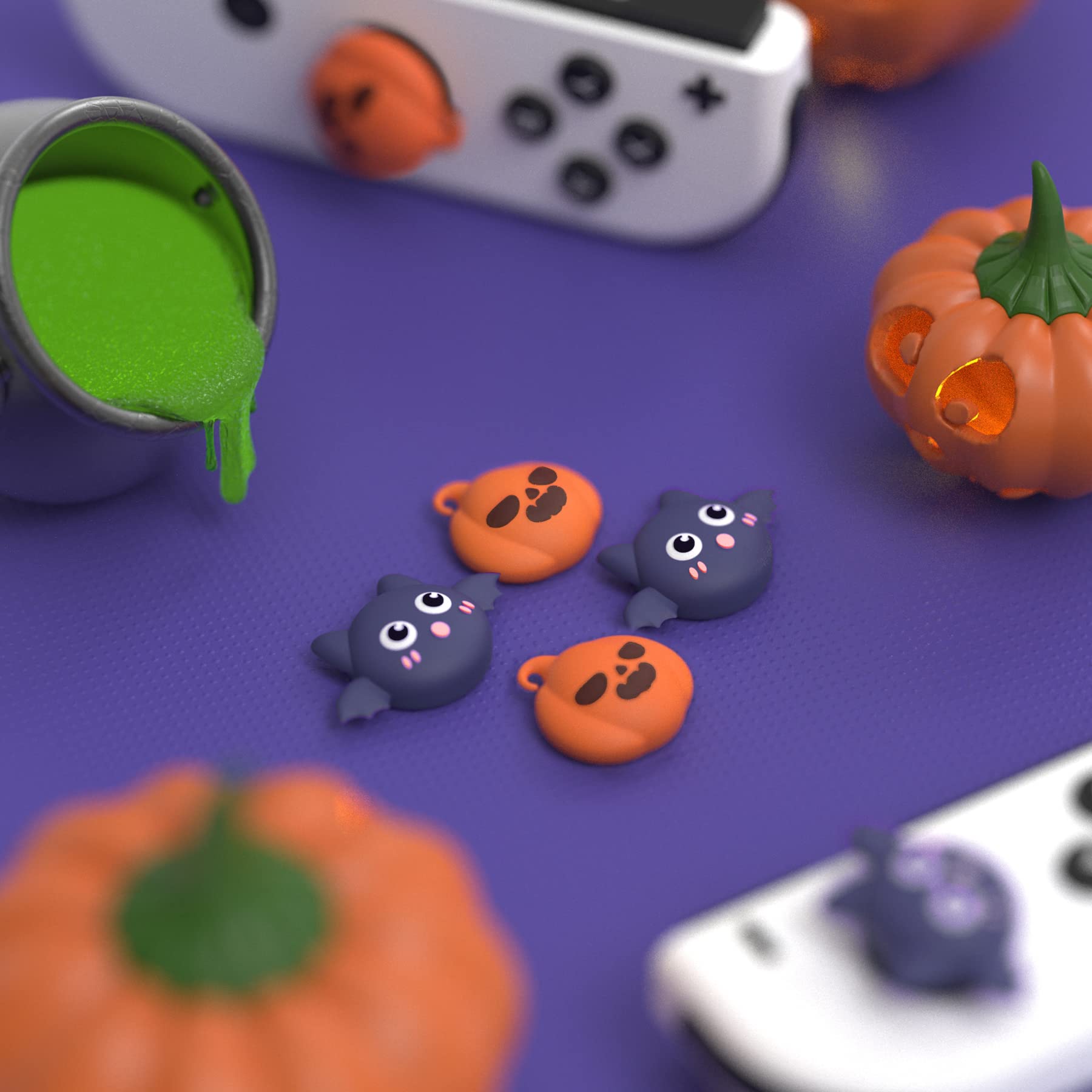 PlayVital Halloween Pumpkin Bat Joystick Caps for Nintendo Switch, Switch Lite & Switch OLED - Analog Thumb Grip Covers for Enhanced Gaming Comfort (Perfect for Halloween Gaming Sessions & Year-Round Play)