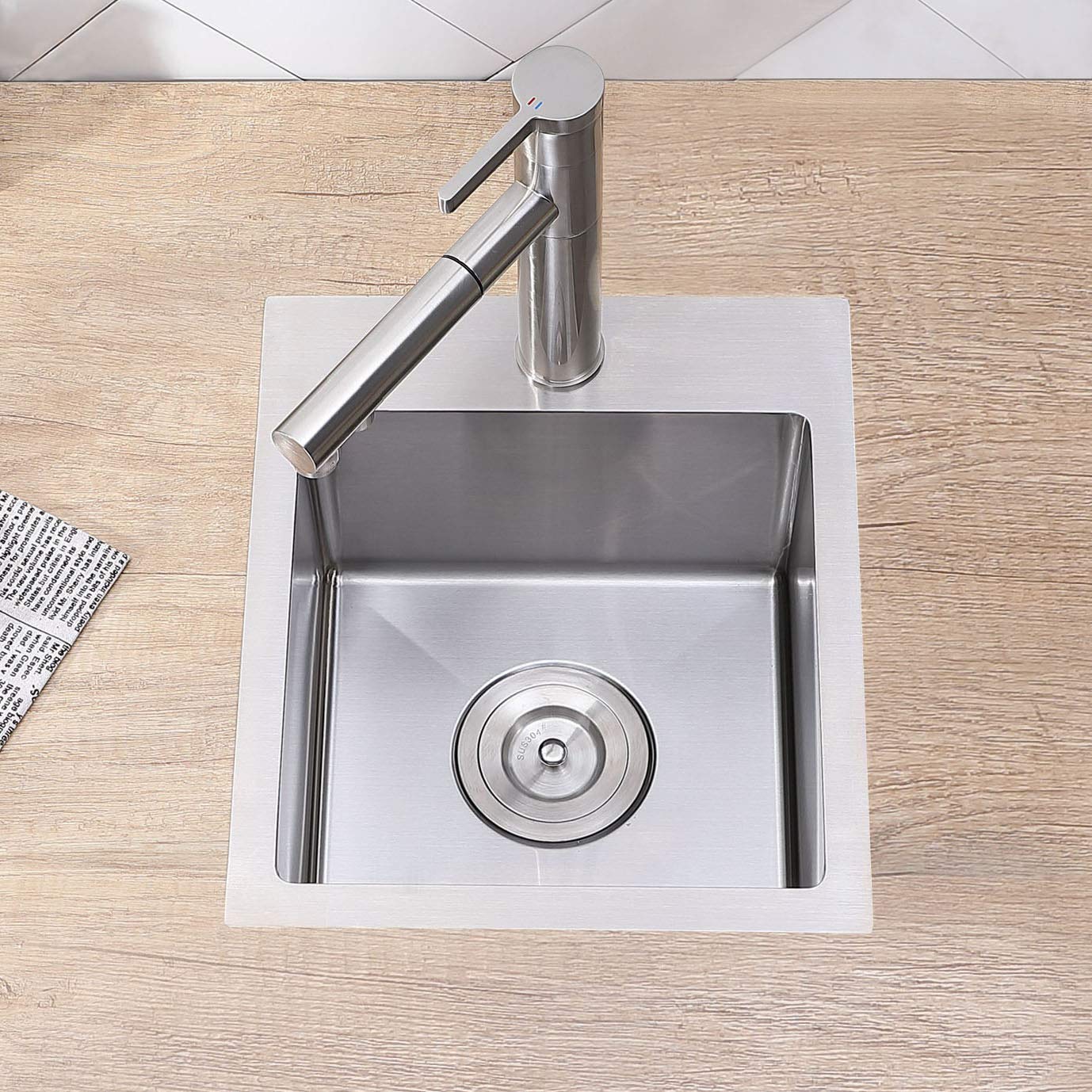 VCCUCINE 15x15 Inch Topmount Drop-in Bar Sink - Handmade Stainless Steel RV Small Kitchen Sink with Brushed Nickel Finish & Accessories - Perfect for Outdoor Wet Bars, Prep Stations & Compact RV Kitchens