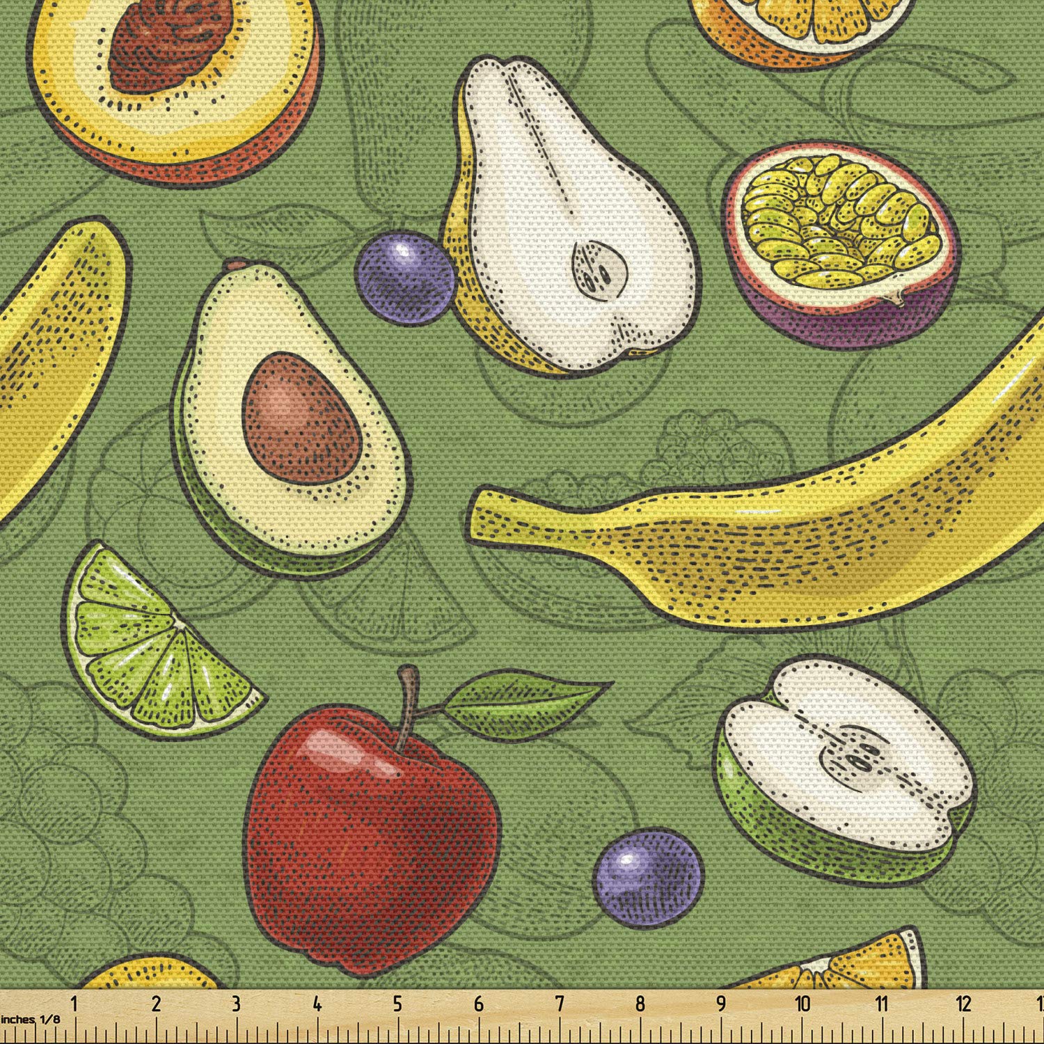 Ambesonne Fruits Fabric by The Yard - Avocado Apple Banana Grape Lime Peach Orange Print, 10 Yards Green Multicolor Upholstery Material for Sofa, Curtains, Pillows & Home Decor | Kitchen, Bedroom, Nursery Decorative Fabric