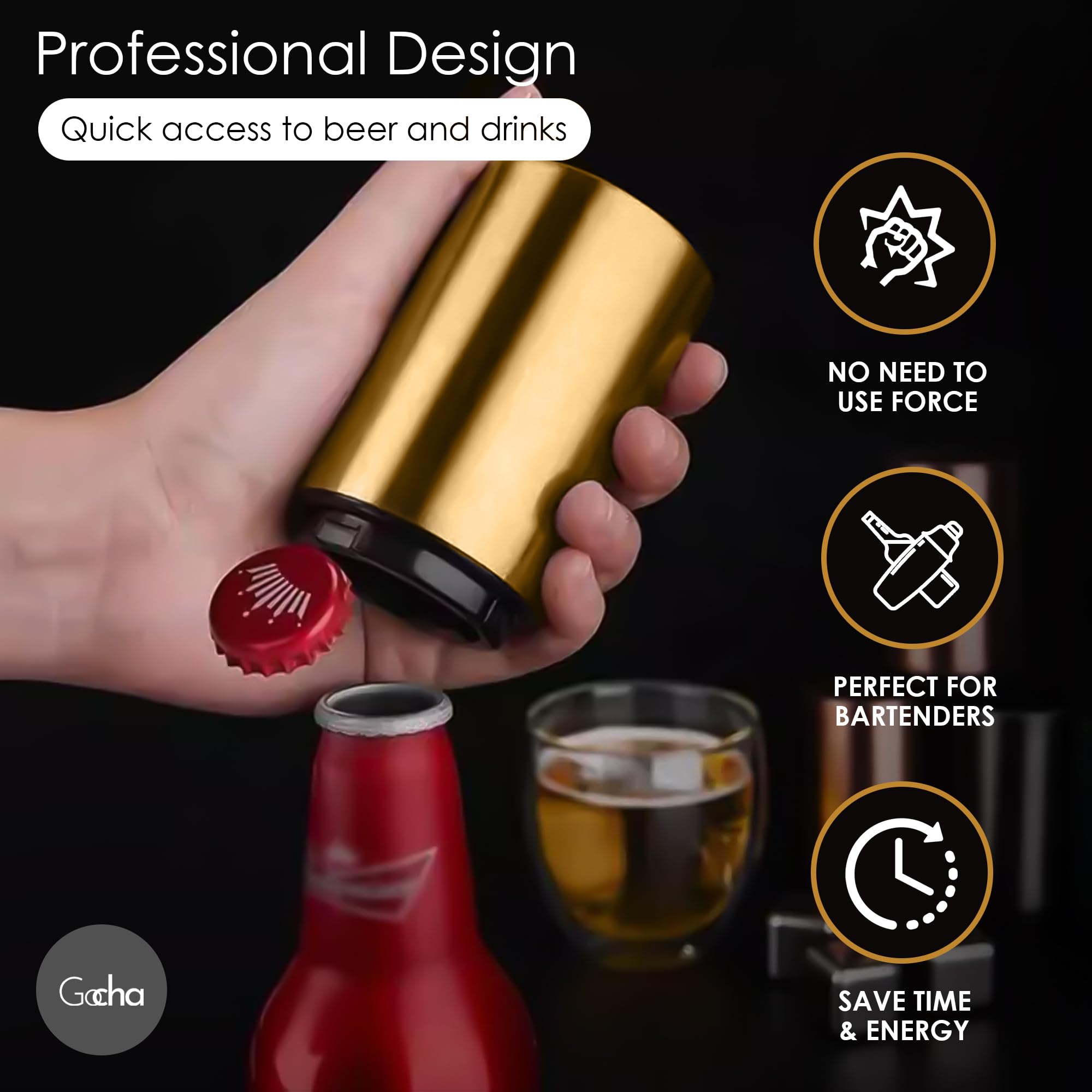Stainless Steel Magnetic Bottle Opener - Automatic Push & Pull Beer Cap Opener with Magnetic Catcher - Gold (Pack of 1) - Perfect for Home Bars, Parties, Camping & Outdoor Adventures