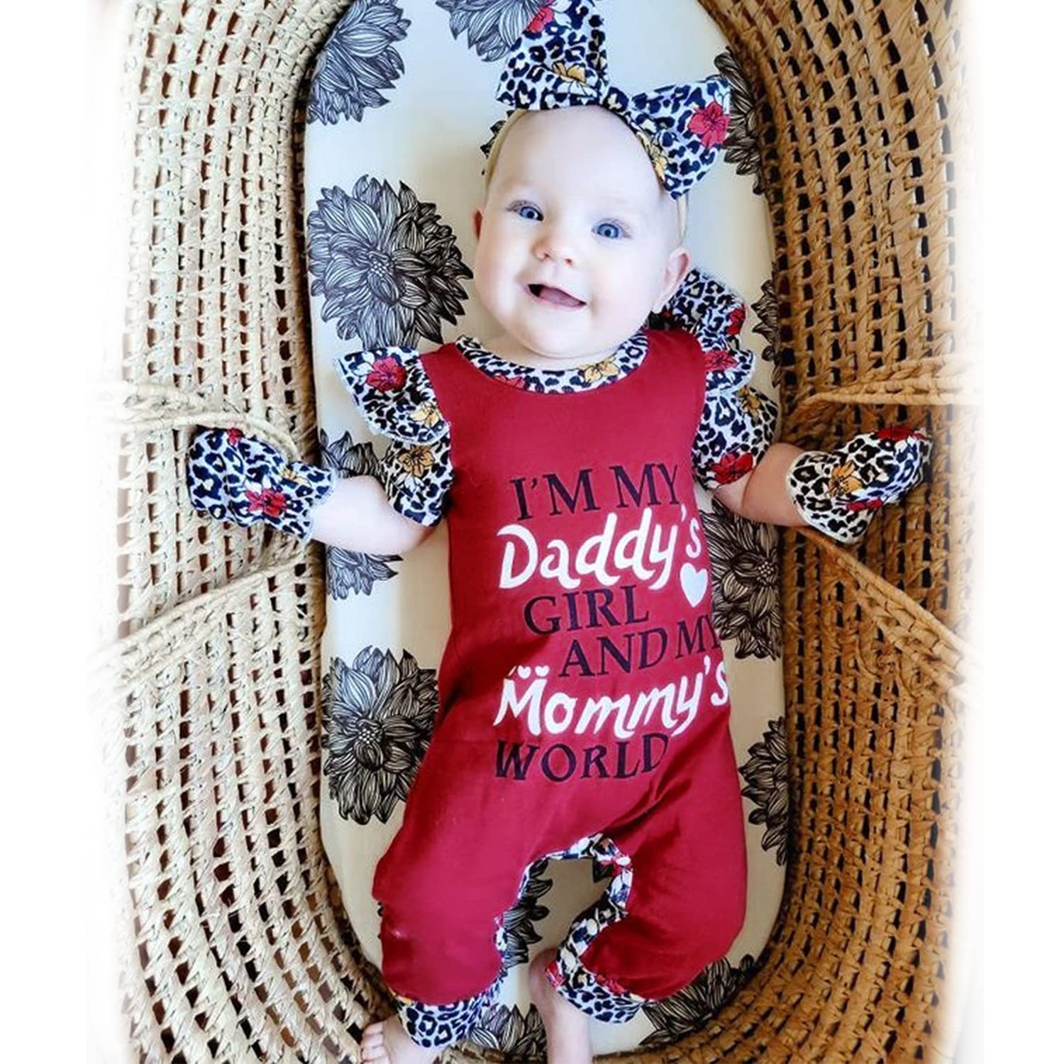 HINTINA Newborn Baby Girl Outfit Set - Letter Print Romper Jumpsuit with Gloves & Headband for Preemie (0-3 Months) | Soft Cotton Infant Clothes for Hospital, Photo Shoots & Special Occasions
