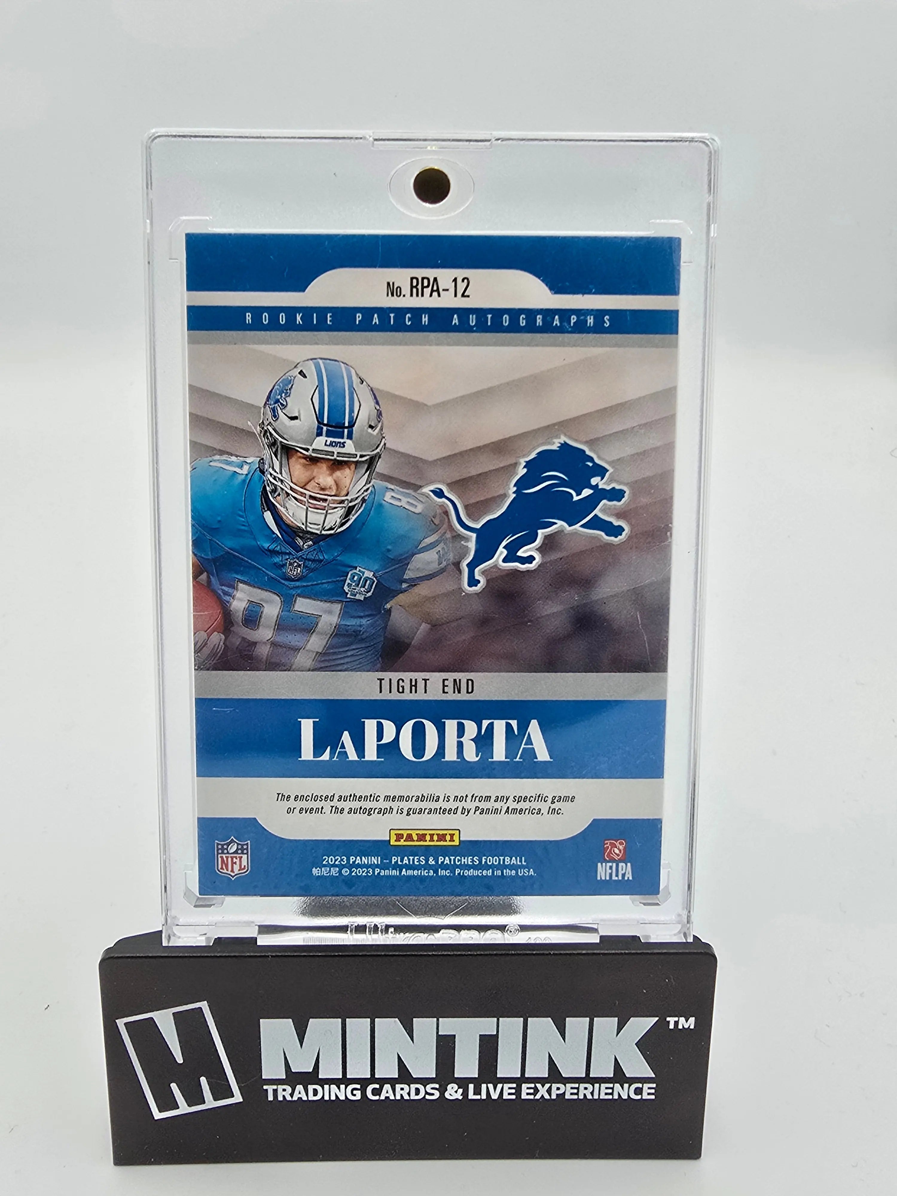 2023 Panini Plates & Patches Sam LaPorta Rookie Auto NFL Shield 1/1 #RPA 12 - Rare Football Trading Card for Collectors & NFL Fans, Perfect for Display, Investment & Memorabilia Collections