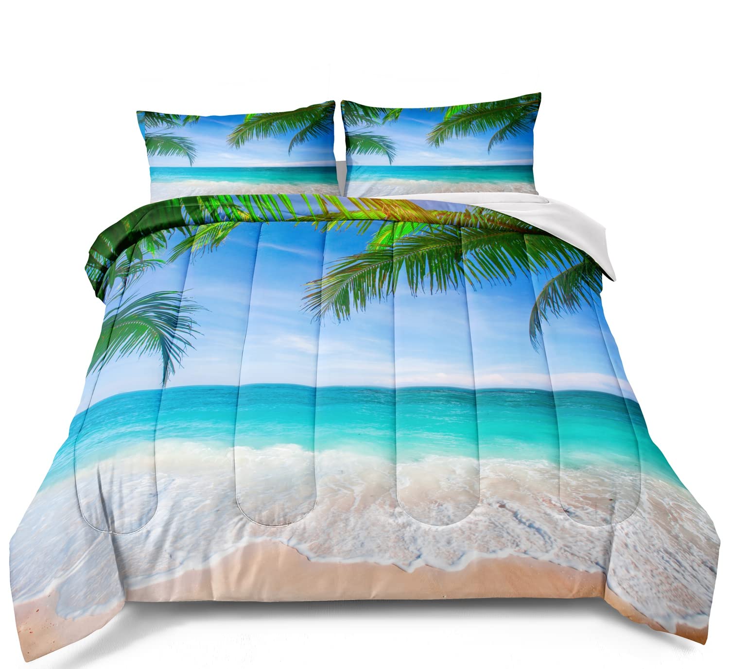 BDUCOK King Size Ocean Comforter Set - Tropical Palm Tree Hawaii Beach Bedding with 2 Pillowcases | Coastal Nature Theme All-Season Duvet Cover | Perfect for Beach House Decor, Vacation Rental, or Tropical Bedroom Makeover