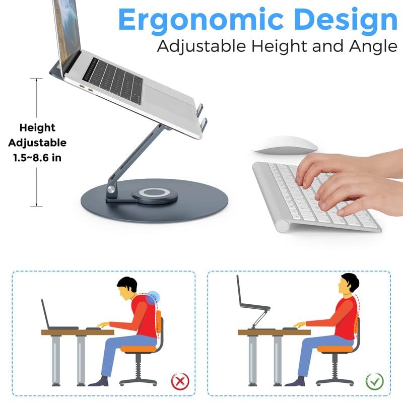 Swivel Laptop Stand for Desk - Adjustable Height, 360° Rotating Base, Foldable Ergonomic Riser, Portable Laptop Holder for MacBook & All 10-17'' Laptops, Grey - Perfect for Home Office, Gaming & Study