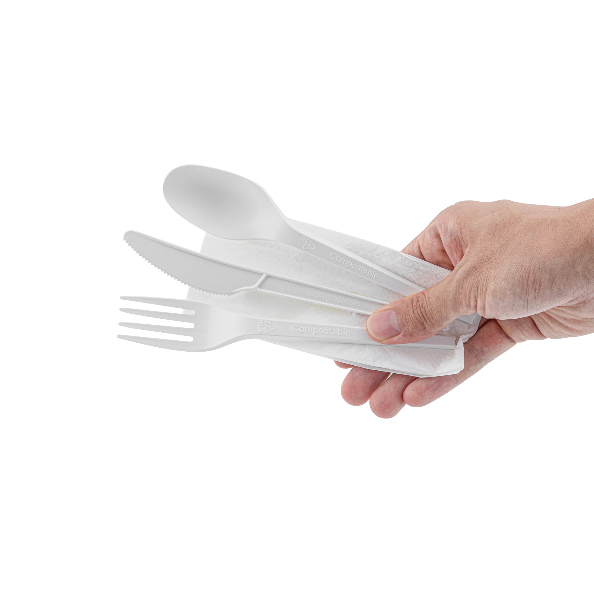 Eco-Friendly Compostable CPLA Plastic Cutlery Set - 100-Piece Box with Heat-Resistant Forks, Knives, Spoons & White Napkins | Perfect for Parties, Picnics, Catering & Zero-Waste Events