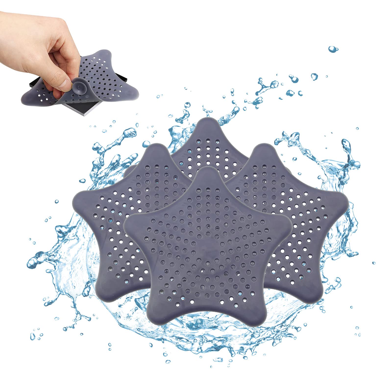 **Silicone Shower Drain Cover & Hair Catcher - 4 Pack Gray Sink Strainer with Suction Cups for Bathroom, Bathtub, Kitchen - Prevents Clogs & Keeps Drains Clean**    *(Ideal for homes, apartments, hotels, and gym showers to maintain hygiene and prevent plumbing issues.)*
