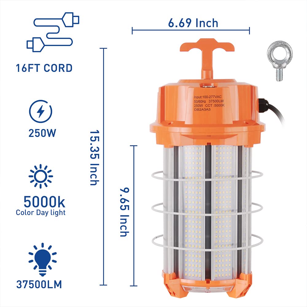250W LED Temporary Work Light - 37,500 Lumens Super Bright Construction Lighting | 5000K Daylight Portable Job Site Light with On/Off Switch | Durable for Indoor & Outdoor Use in Warehouses, Garages, Construction Sites, and Emergency Lighting