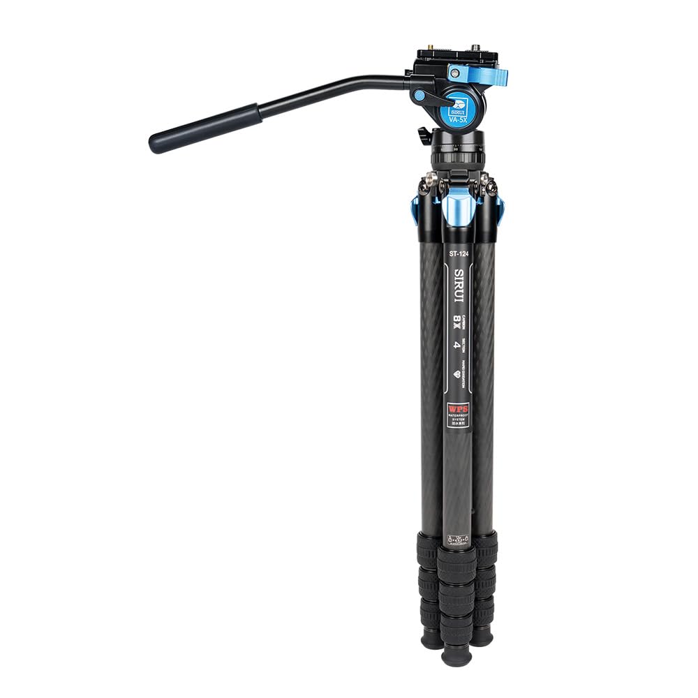 SIRUI ST-124+VA-5 Carbon Fiber Tripod with Fluid Video Head - 62.2 Inch Professional Camera Tripod with Triangular Center Column, 4-Section Waterproof Design, 6.61lbs Load Capacity for DSLR, Mirrorless Cameras - Perfect for Travel, Outdoor Photography & Video Shooting