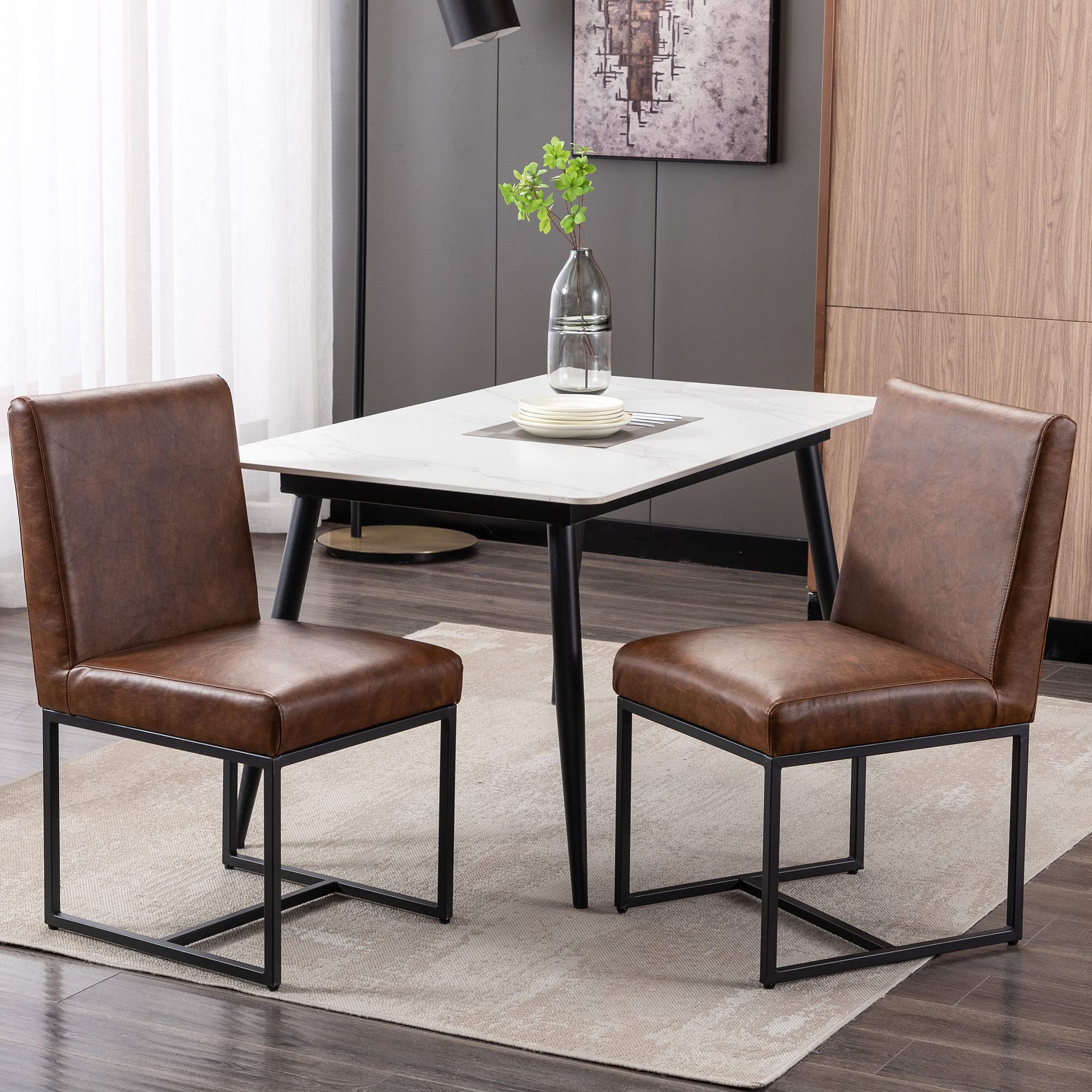 VESCASA Mid Century Modern Faux Leather Dining Chairs - Set of 2 Brown Upholstered Kitchen Chairs with Black Metal Frame & Adjustable Foot Pads | Perfect for Restaurant, Home Dining Room & Office Conference Table Setting