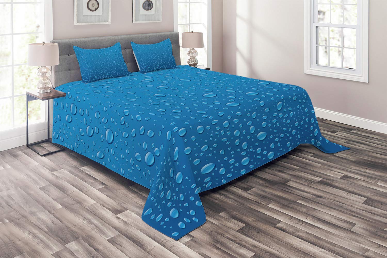 Ambesonne Rain Coverlet Set - King Size Blue Water Drops Design | 3-Piece Quilted Bedspread with 2 Pillow Shams | Eco-Friendly Monsoon Theme Bedding | Perfect for Relaxing Bedroom Decor & Guest Room Styling