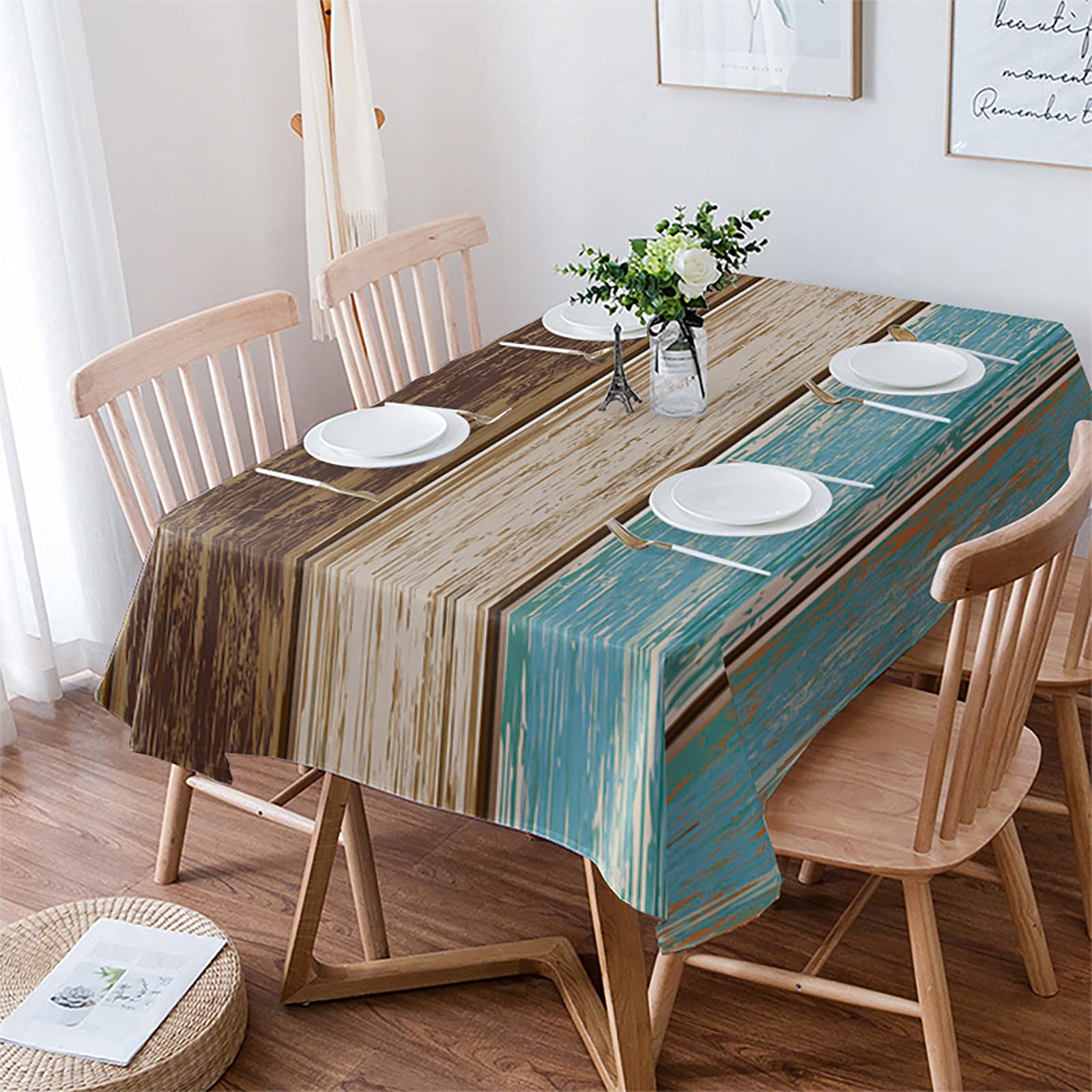 Waterproof Oil-Resistant Teal Turquoise Tablecloth - Retro Wood Green & Brown Rectangle Table Cover (52x70 Inch) for Kitchen, Dining, Outdoor Party, Holidays & Everyday Use