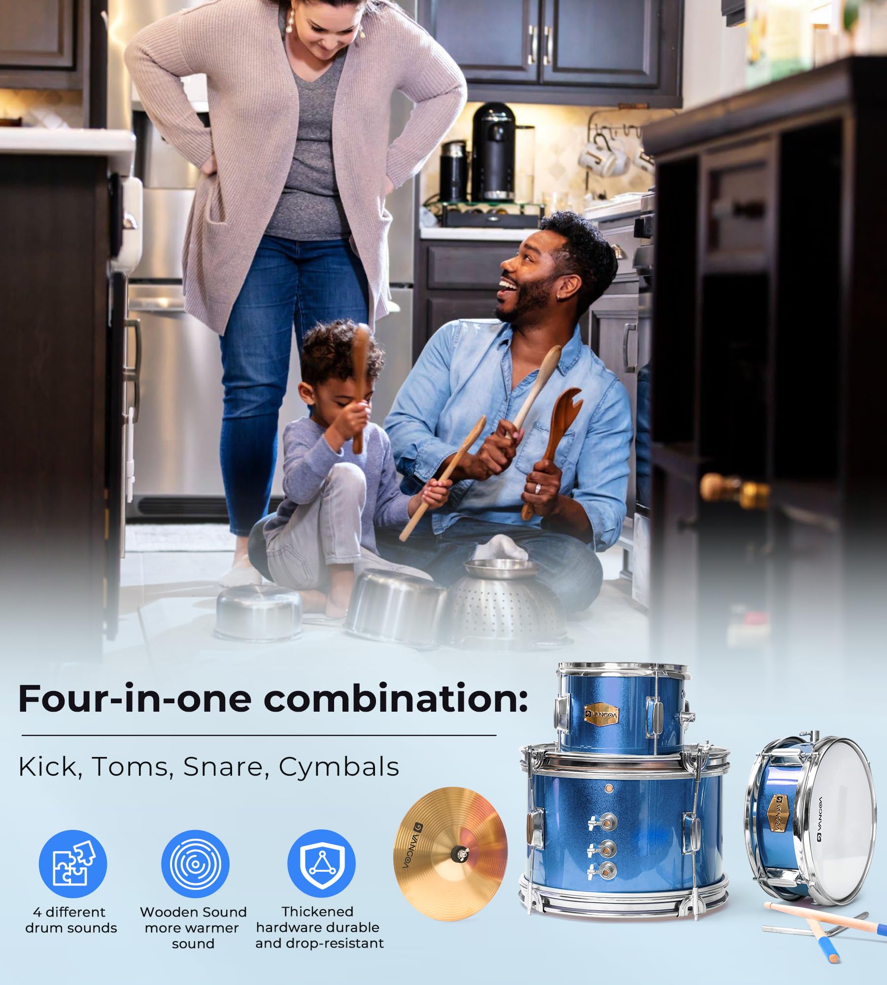 **14 Inch Kids Drum Set - 3 Piece Beginner Drum Kit for Boys & Girls with Adjustable Throne, Cymbal Pedal & Drumsticks (Blue) - Perfect for Home Play, Birthday Gifts & Music Learning**