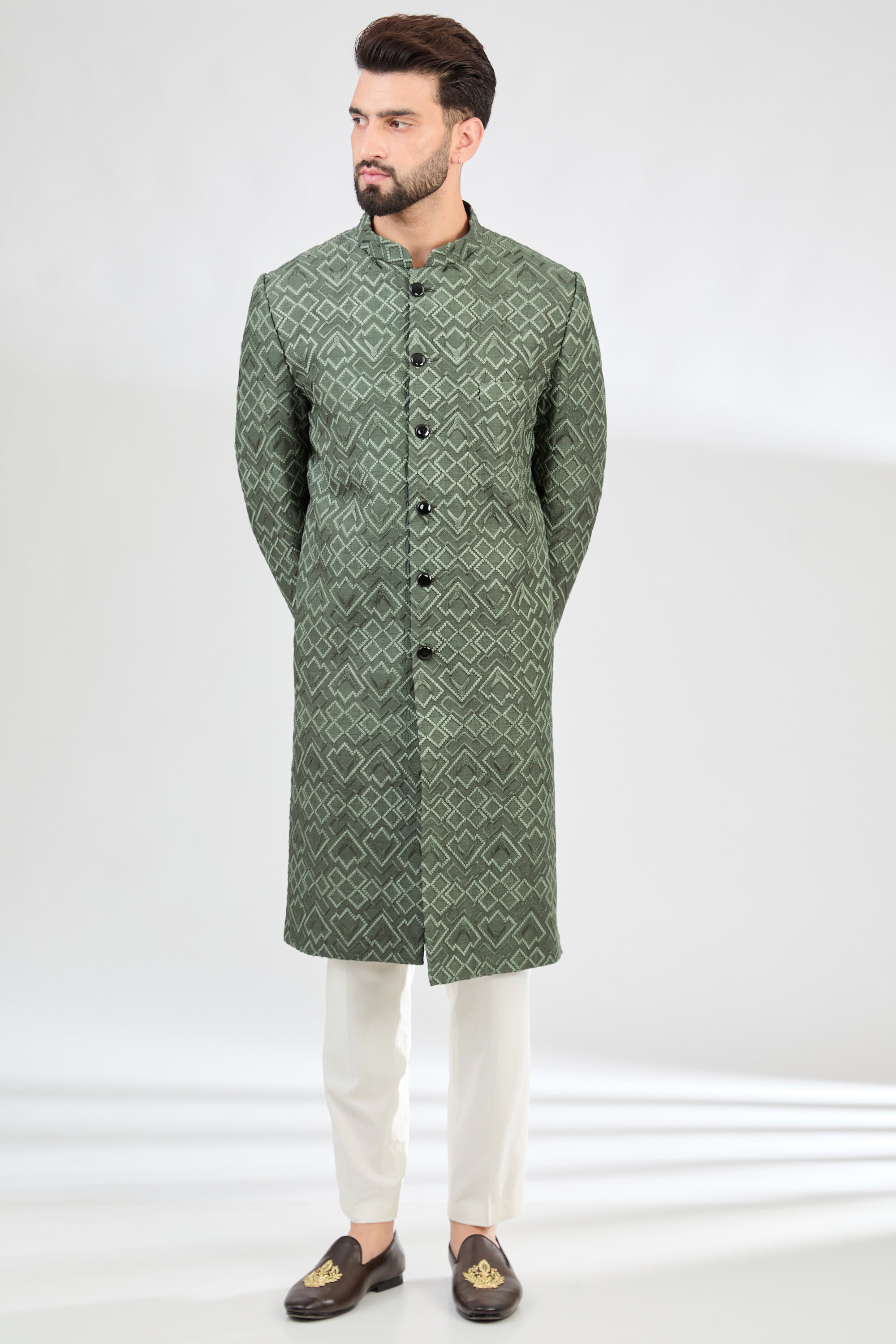 Military Green Geometric Embroidered Sherwani for Men - Traditional Indian Wedding Attire & Festive Occasions