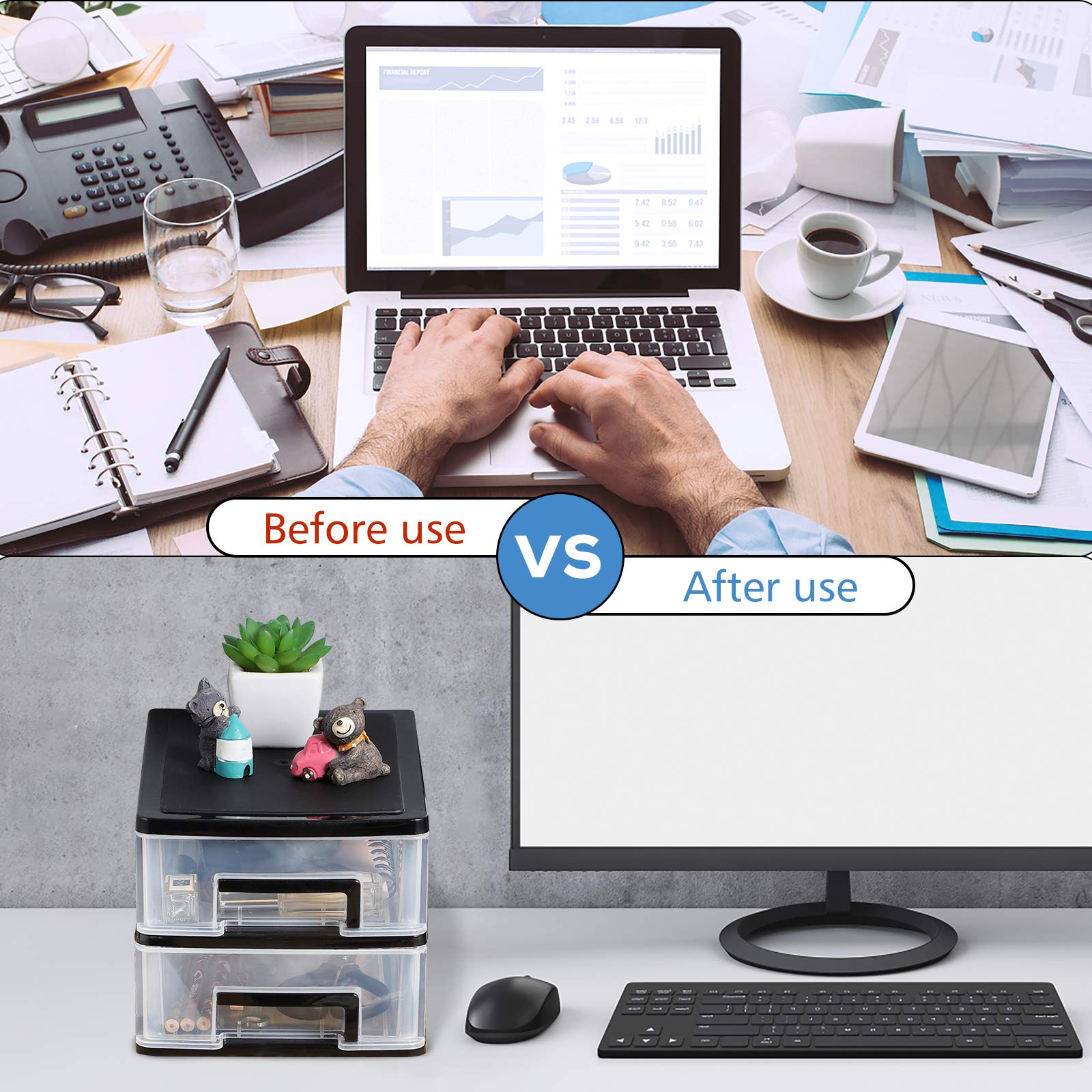 Wakauto 2-Drawer Mini Desktop Organizer - Plastic Stackable Storage Container for Office, Makeup & Cosmetics - Perfect for Desk, Vanity & Small Space Organization