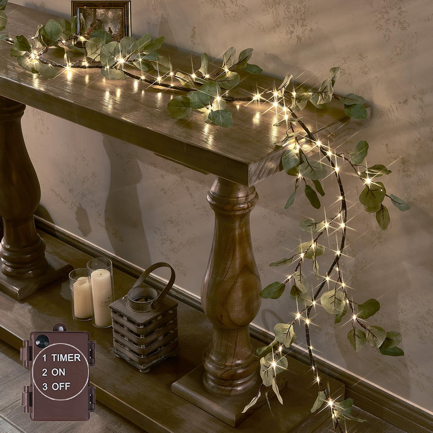 BAOLITVINE 6FT LED Eucalyptus Garland with 96 Fairy Lights - Battery Operated with Timer, Faux Greenery Vine Decor for Fireplace, Wall, Christmas, Wedding (Perfect for Indoor/Outdoor Holiday & Party Decorations)