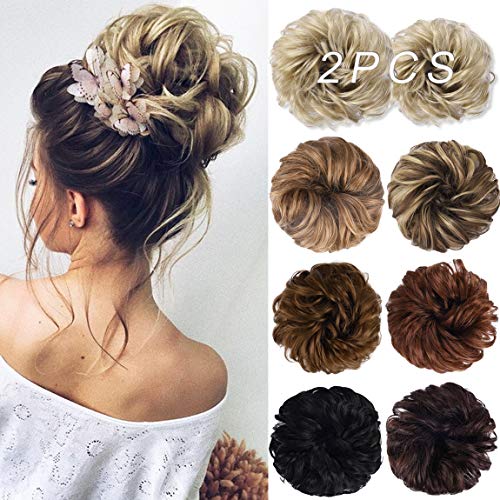 HOOJIH 2PCS Messy Bun Hair Extensions - Curly Wavy Ponytail Hairpieces with Elastic Band for Women | Ash Blonde 16/613 | Perfect for Updos, Weddings & Everyday Hairstyles