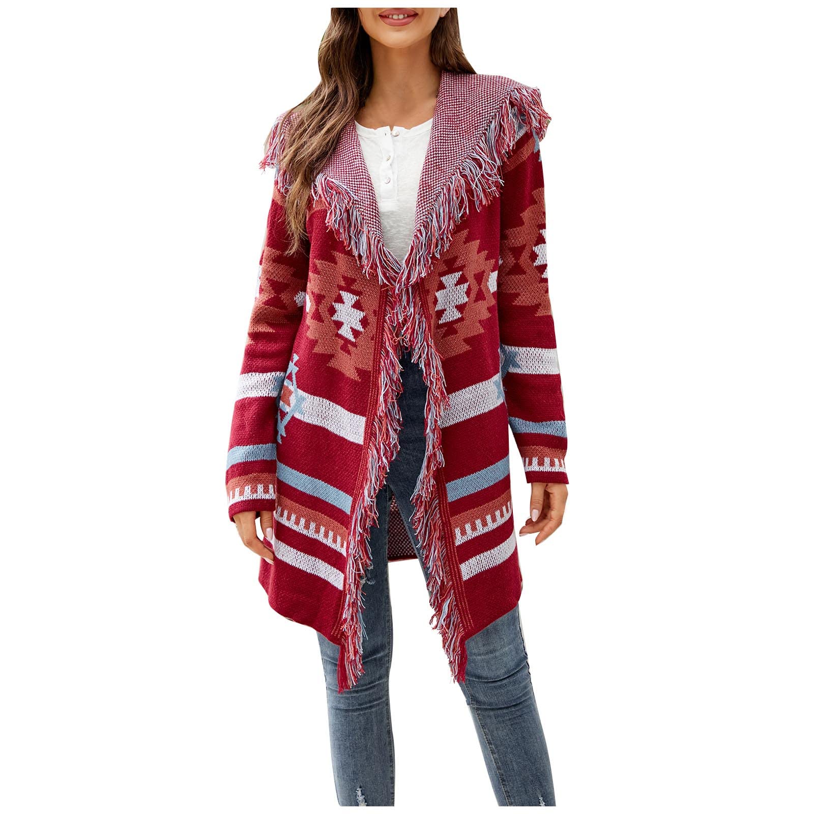 Oplxuo Women's Aztec Print Cardigan Sweater - Long Sleeve Fringe Lapel Knit Coat, Color Block Open Front Top | Perfect for Fall Layering, Boho Outfits & Casual Office Wear