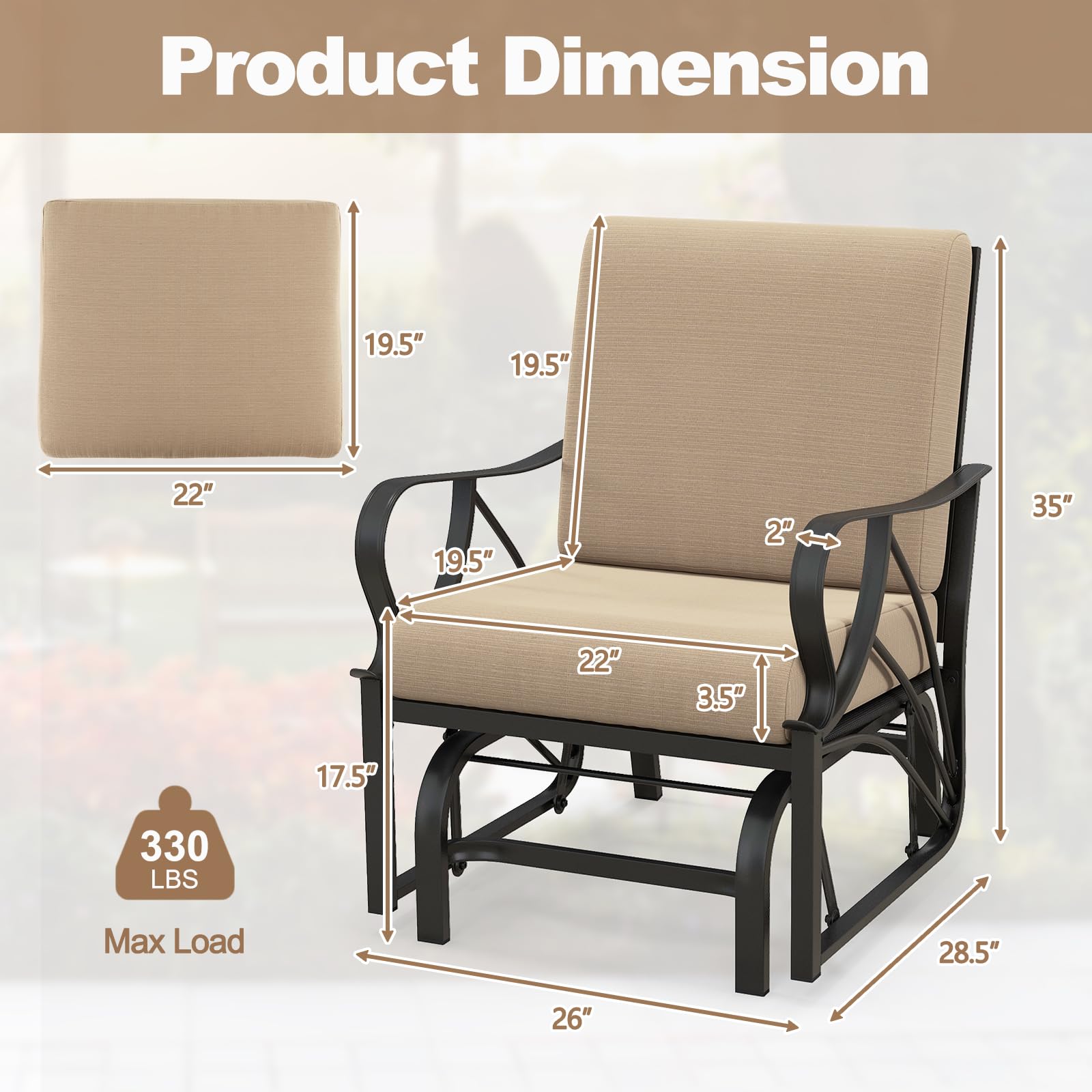 Tangkula Outdoor Patio Glider - Heavy Duty Metal Frame Rocking Chair with Comfortable Cushion, Ergonomic Design & Curved Armrests for Smooth Gliding Motion - Perfect for Porch, Garden, Deck or Backyard Relaxation (Set of 2)