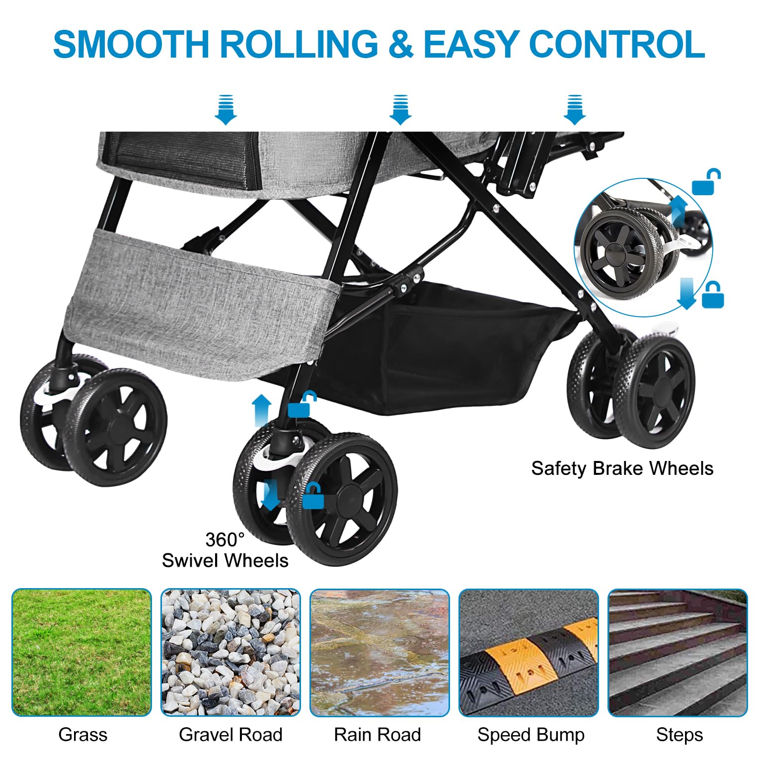 Premium Foldable Dog Stroller for Large & Medium Dogs & Cats - Reversible Handle, Spacious Storage Basket - Ideal for Travel, Walks & Vet Visits (Gray)