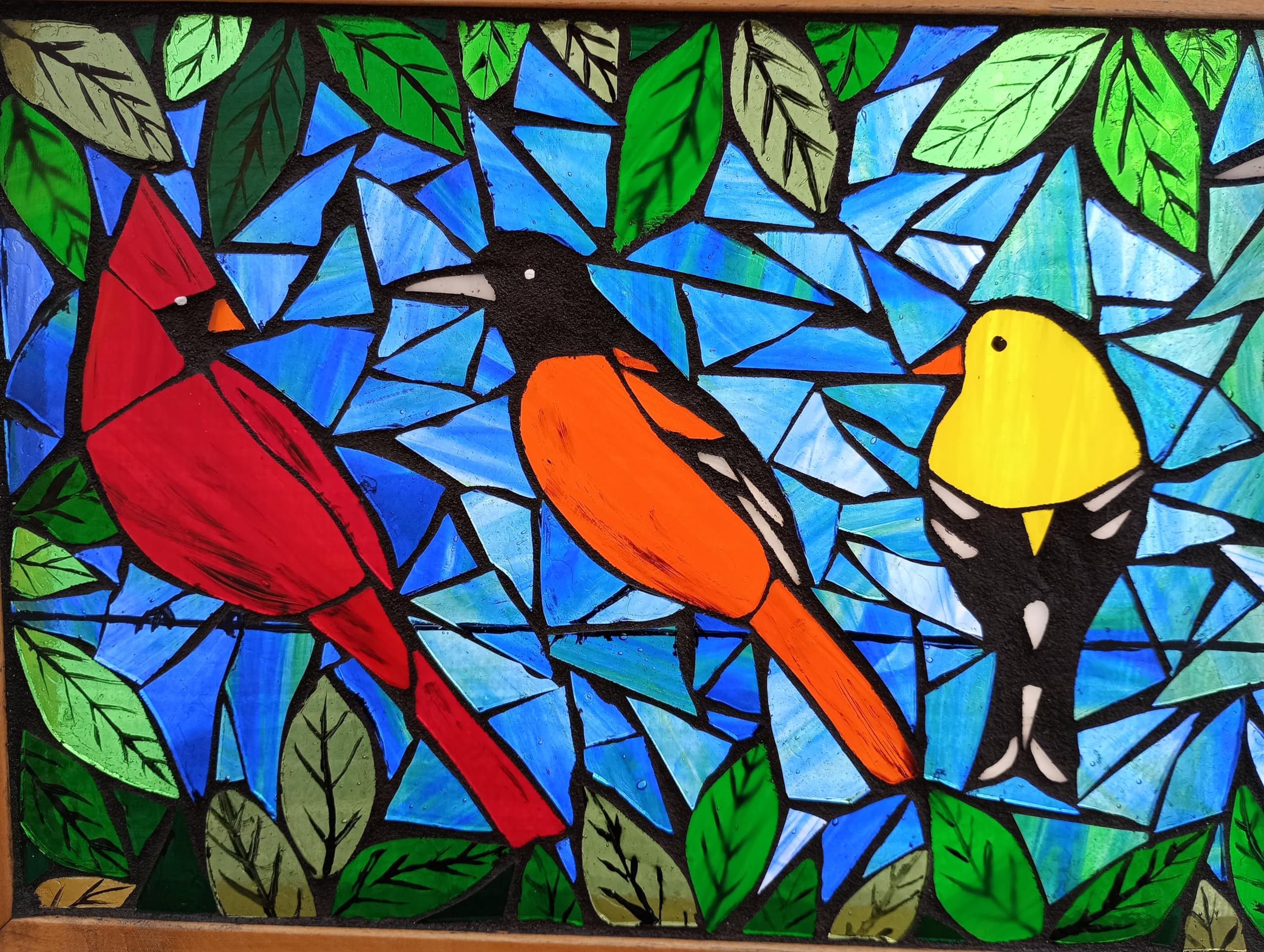 Handmade Stained Glass Mosaic Panel - Birds on Wire Design - Perfect for Window Decor, Wall Art & Home Décor