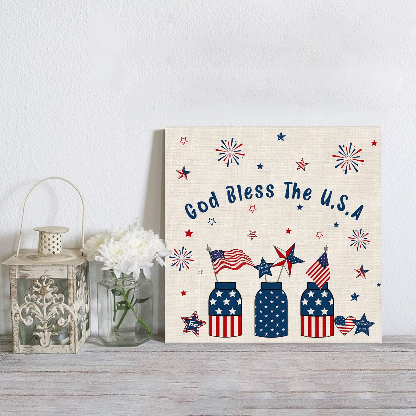 God Bless The USA Patriotic Memorial Day American Flag Canvas Wall Art Print - Stretched & Framed Ready to Hang Home Decor for Living Room, Bedroom & Office