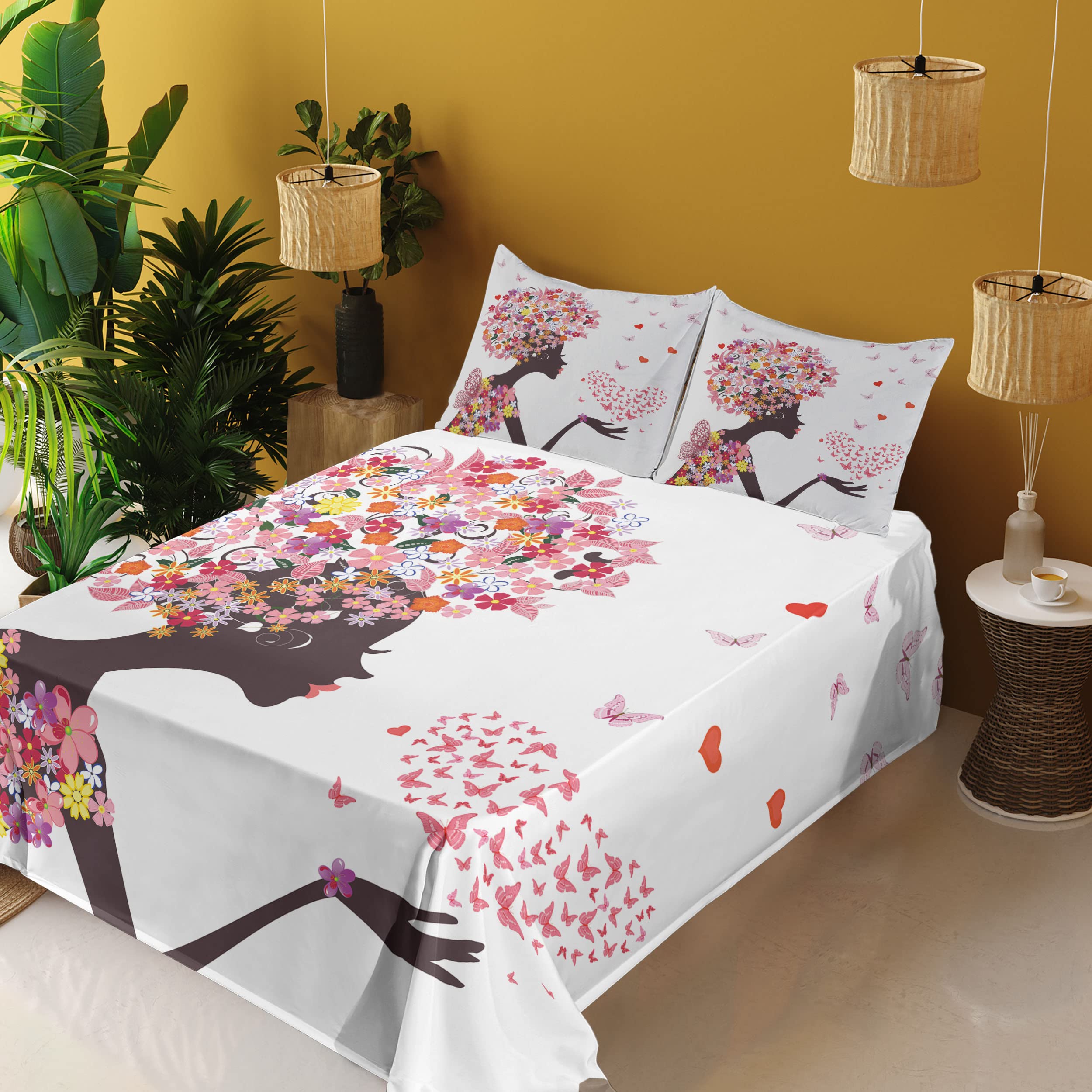 Ambesonne 4-Piece King Size Butterfly Print Sheet Set - Floral Fantasy Animal Design with Fitted Sheet, Flat Sheet & Pillowcases - Soft Bedding for Girls Room, Summer Decor & Boho Chic Bedroom Aesthetic