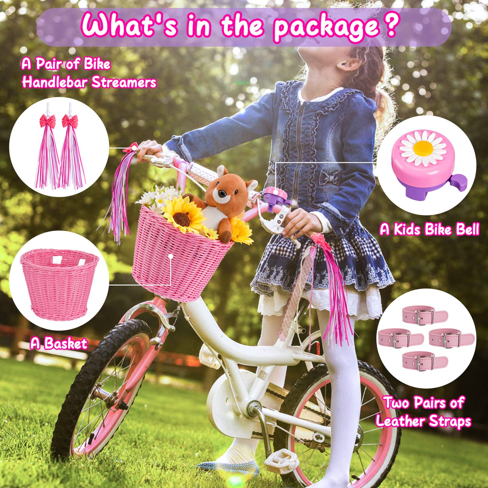 Kids Bike Basket - Front Woven Bicycle Basket with Stickers, Bell, Windmill & Colorful Ribbon Tassels for Boys & Girls - Perfect for School Commutes, Park Rides & Neighborhood Adventures