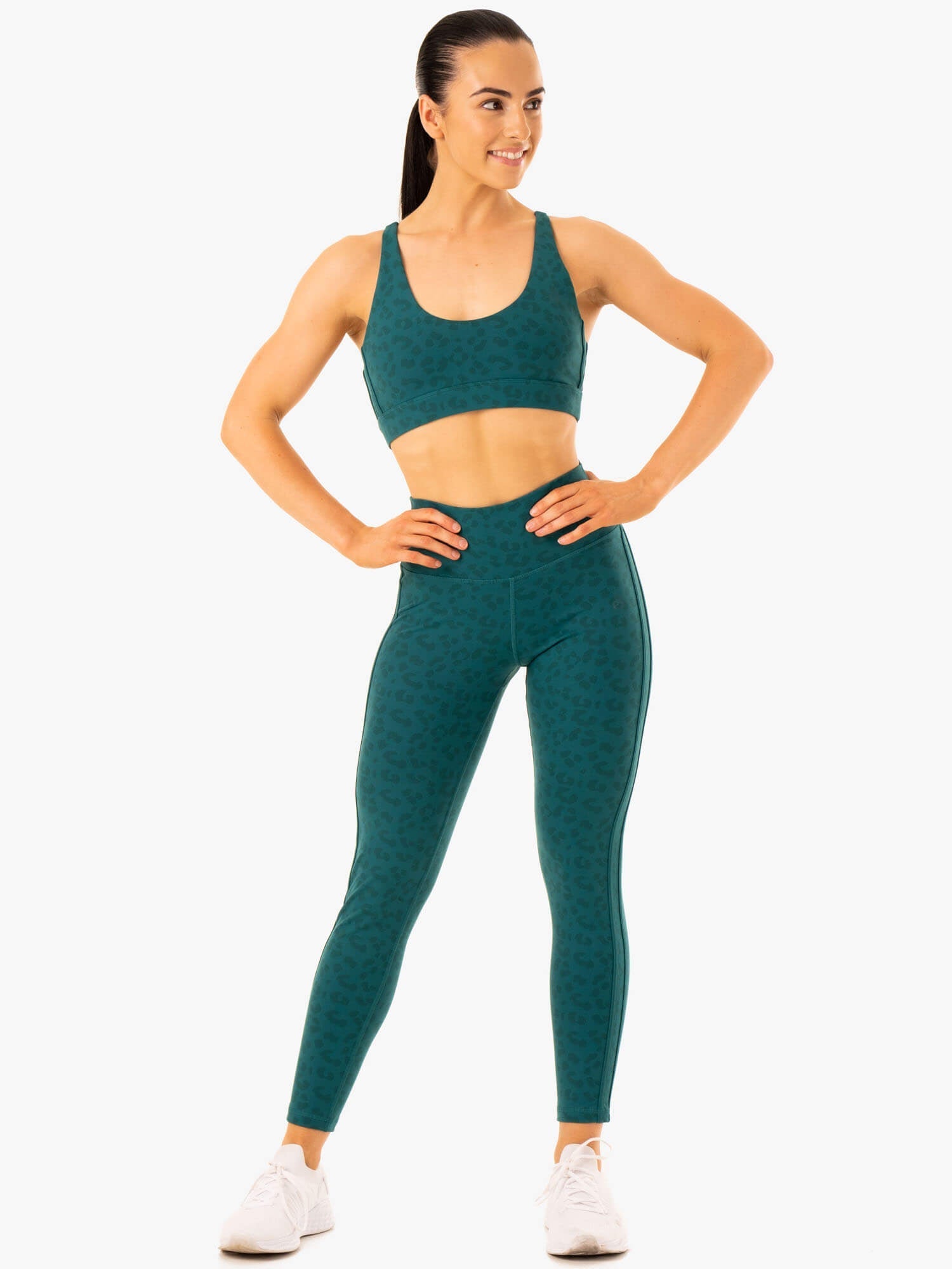 Evolution High Support Sports Bra - Teal Leopard Print - Yoga, Running & Gym Workout Top for Women