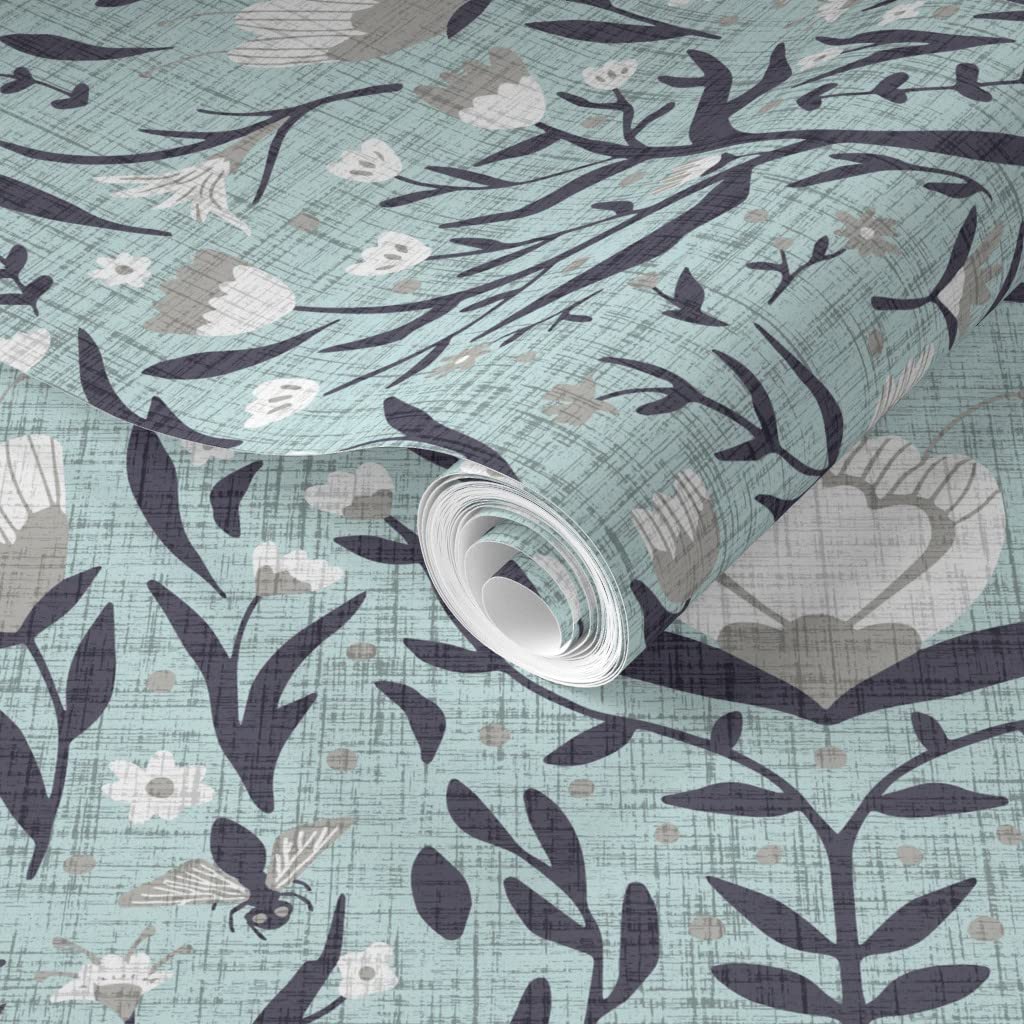 Removable Wallpaper 12ft x 2ft - Folk Art Nursery Design with Bees, Birds & Flowers | Gender Neutral Pre-Pasted Wallpaper for Kids Room Decor by Spoonflower | Perfect for Nursery, Bedroom & Playroom Wall Covering