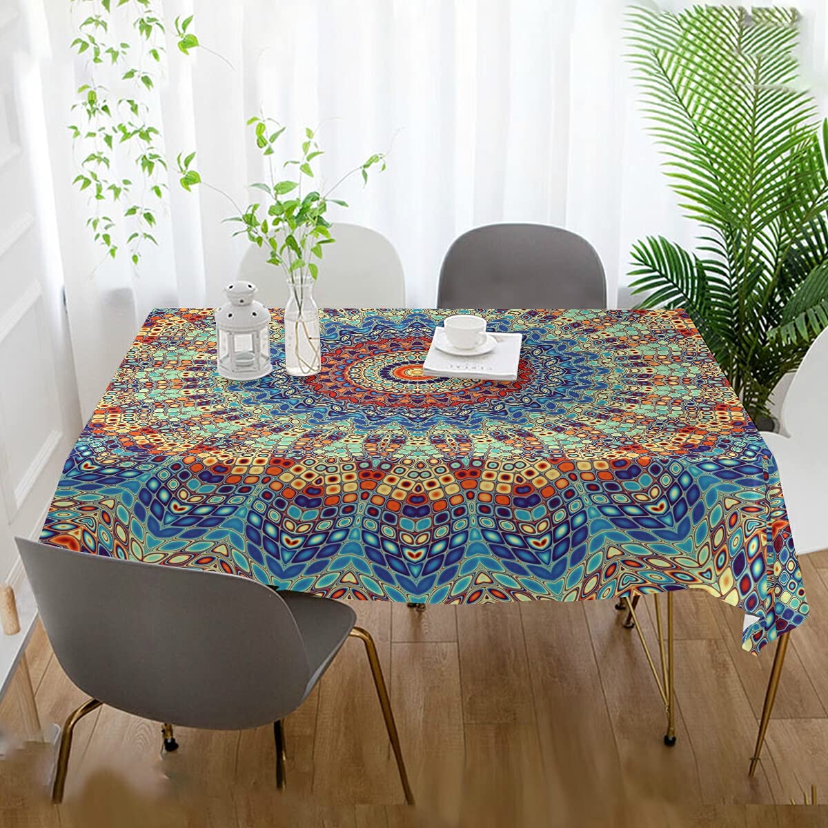 Waterproof & Oil-Resistant 54x54 Inch Mandala Rectangle Tablecloth - Durable Square Table Cover for Dining, Buffet, Party & Outdoor Picnics