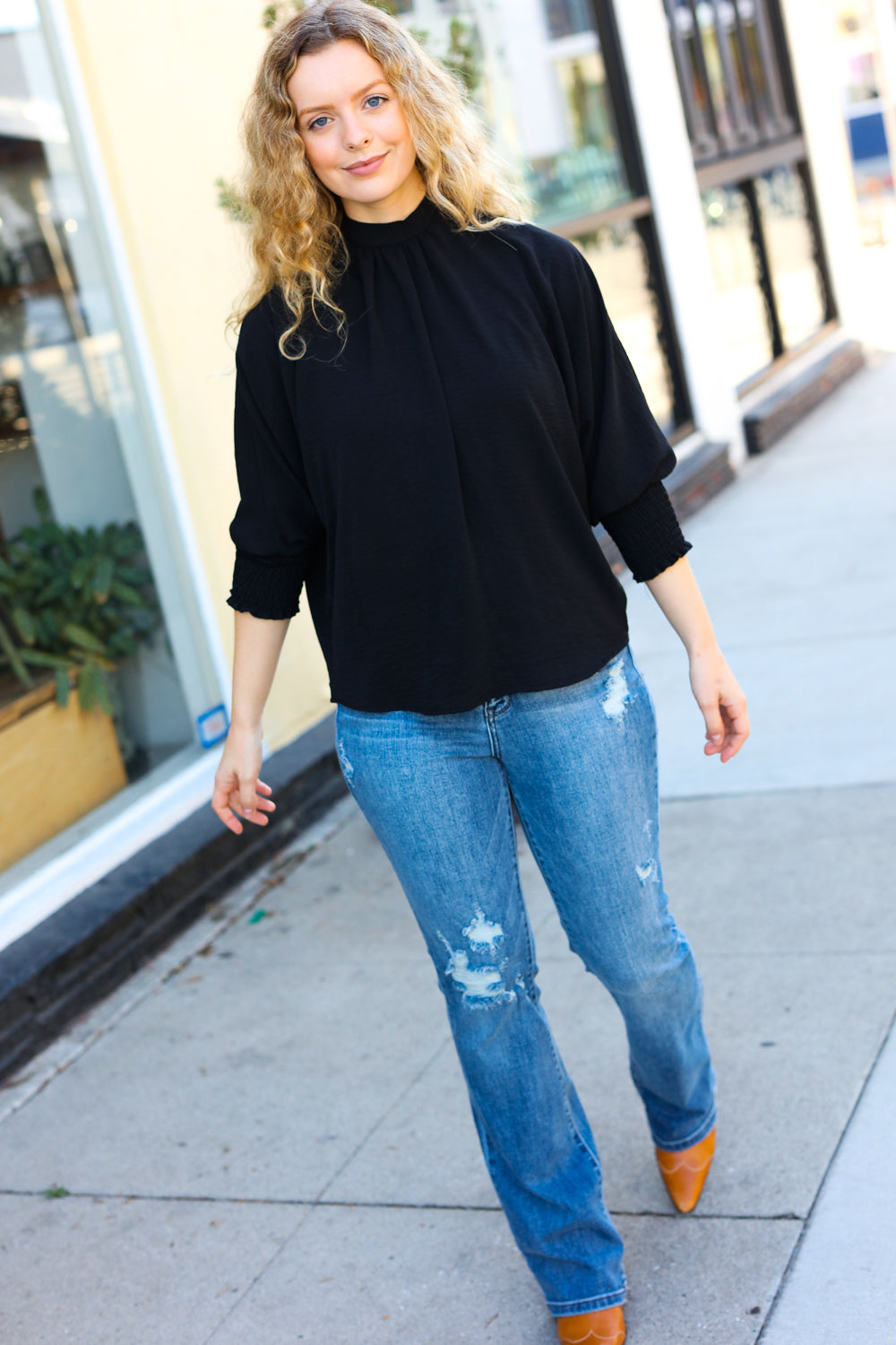 Black Smocked Three-Quarter Sleeve Tie Back Top for Women | Elegant Blouse for Date Night, Brunch & Summer Outfits | Flattering Casual & Dressy Tops