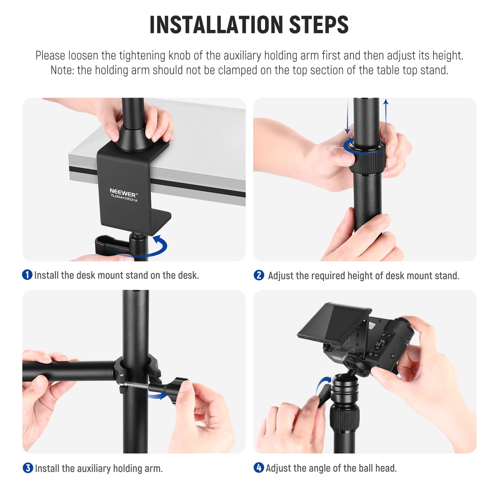 NEEWER TL253A+MH022 Upgraded Tabletop Camera Mount Stand - Compact & Adjustable Tripod for DSLR, Mirrorless Cameras, Webcams, Perfect for Live Streaming, Vlogging, and Video Conferencing