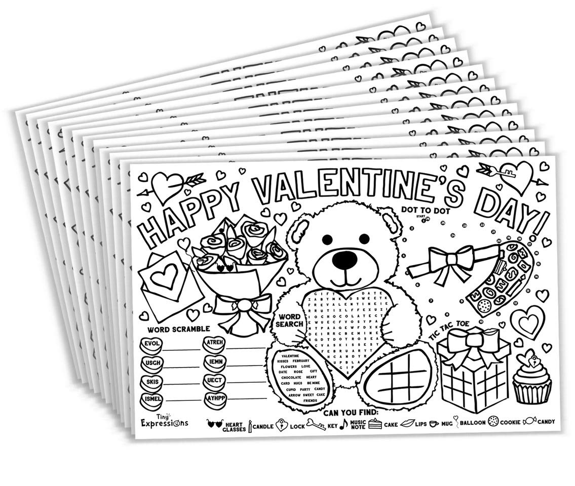 Valentine's Day Coloring Placemats for Kids - Pack of 12 Disposable Paper Place Mats with Fun Activities & Games - Perfect for Valentine's Party, Classroom Celebrations & Family Dining - Tiny Expressions