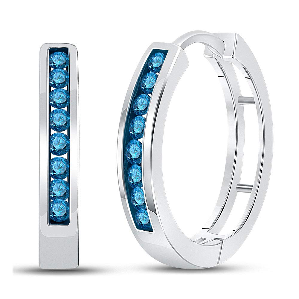 14K White Gold Women's Round Blue Enhanced Diamond Hoop Earrings - 1/2 Cttw, Elegant Jewelry Gift for Her, Perfect for Weddings, Parties & Special Occasions
